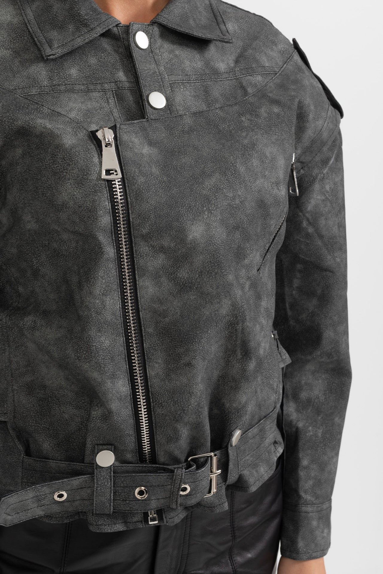 Vegan Leather Jacket With Stitched Back Details - Charcoal