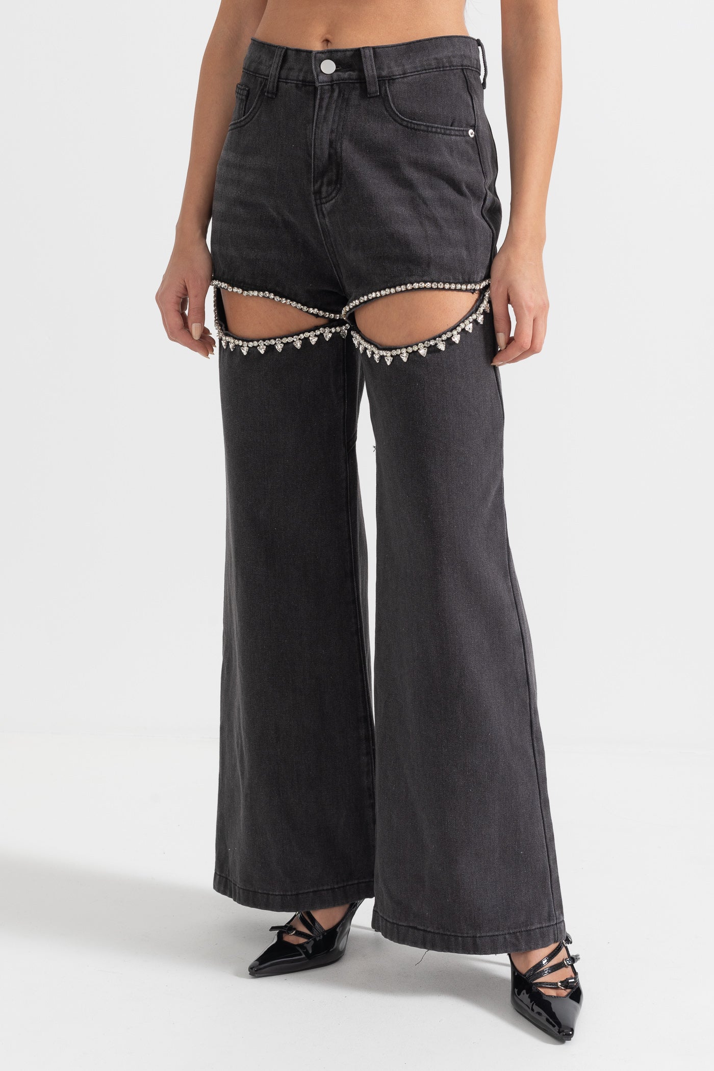 High-Waisted Jeans With Thigh Cutouts - Black