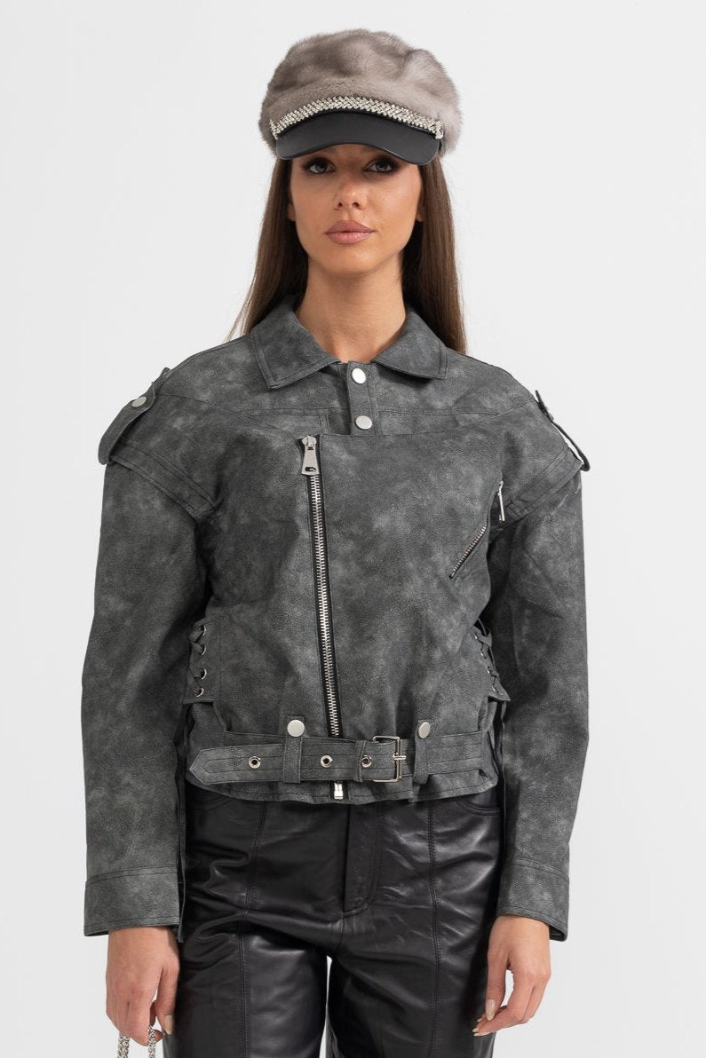 Vegan Leather Jacket With Stitched Back Details - Charcoal