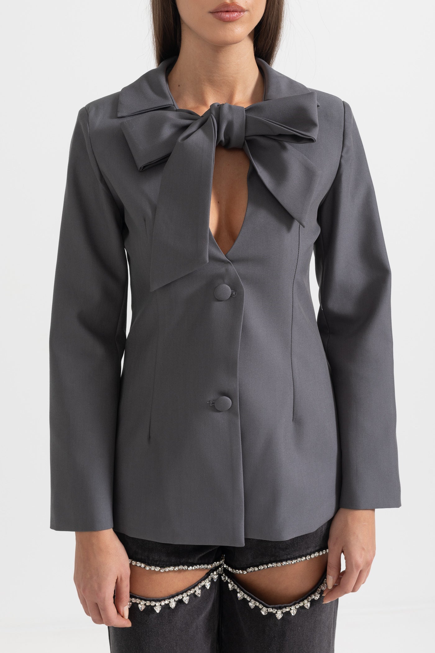 Tailored Blazer With Collar Bow - Gray