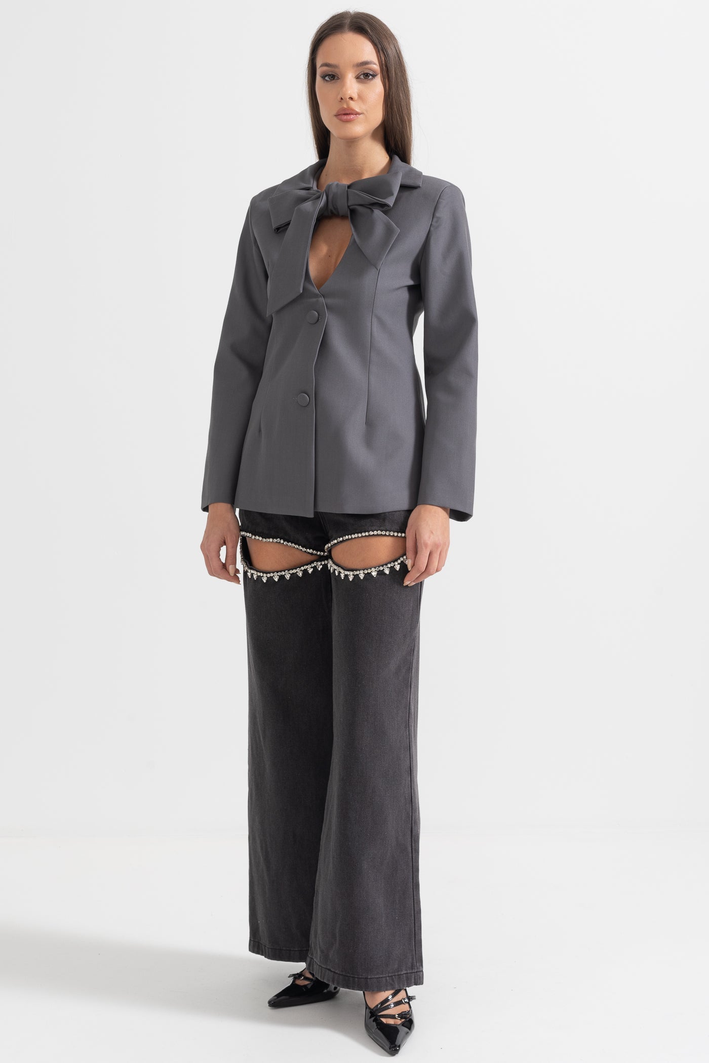 Tailored Blazer With Collar Bow - Gray