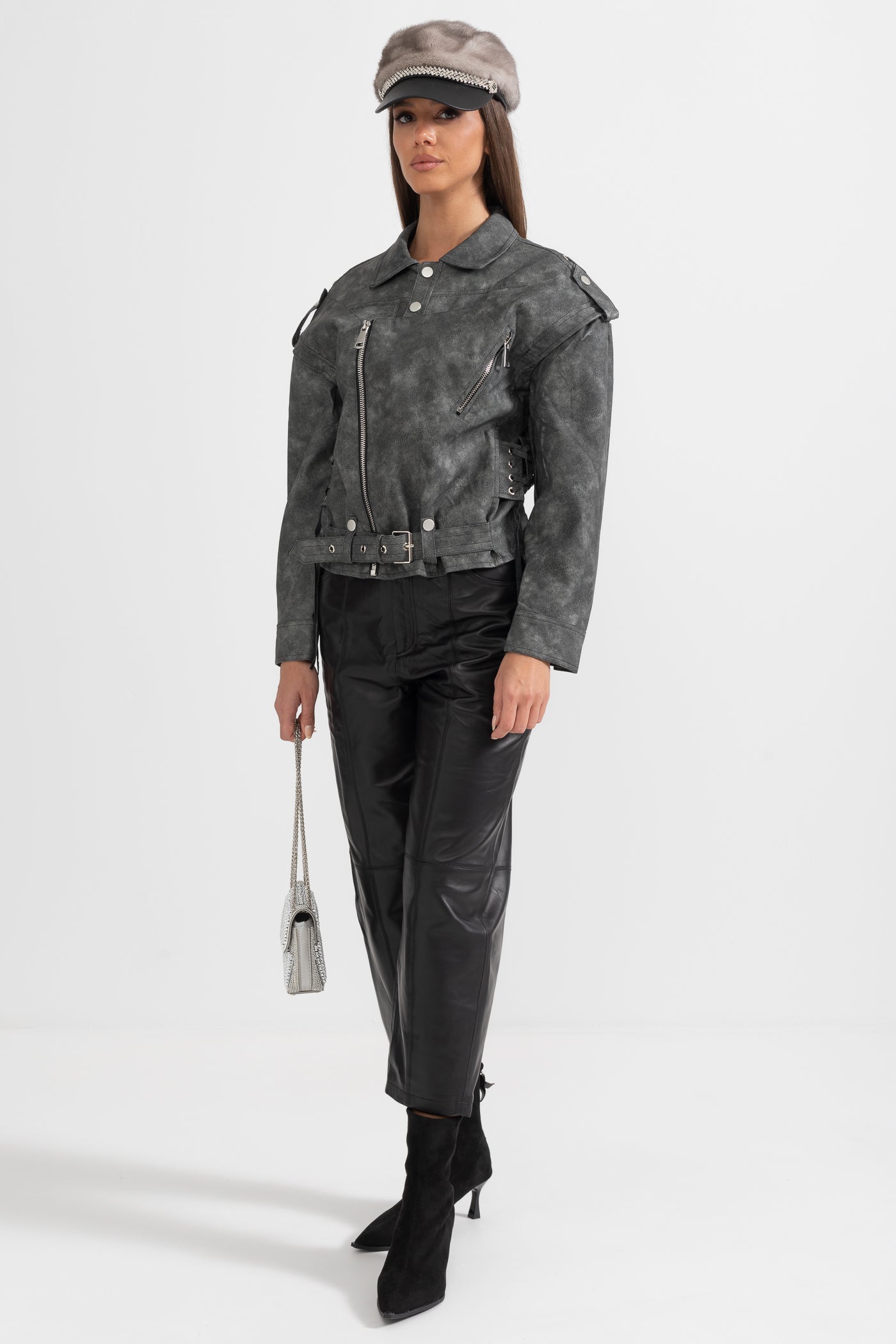 Vegan Leather Jacket With Stitched Back Details - Charcoal