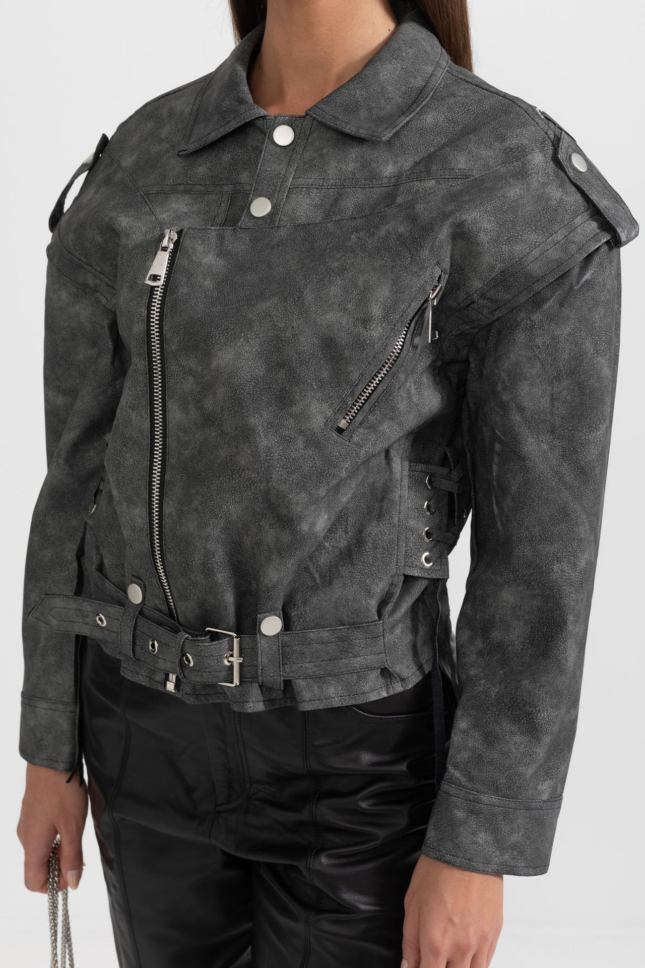 Vegan Leather Jacket With Stitched Back Details - Charcoal