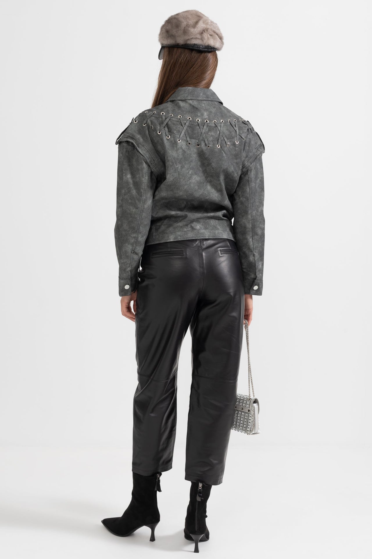 Vegan Leather Jacket With Stitched Back Details - Charcoal