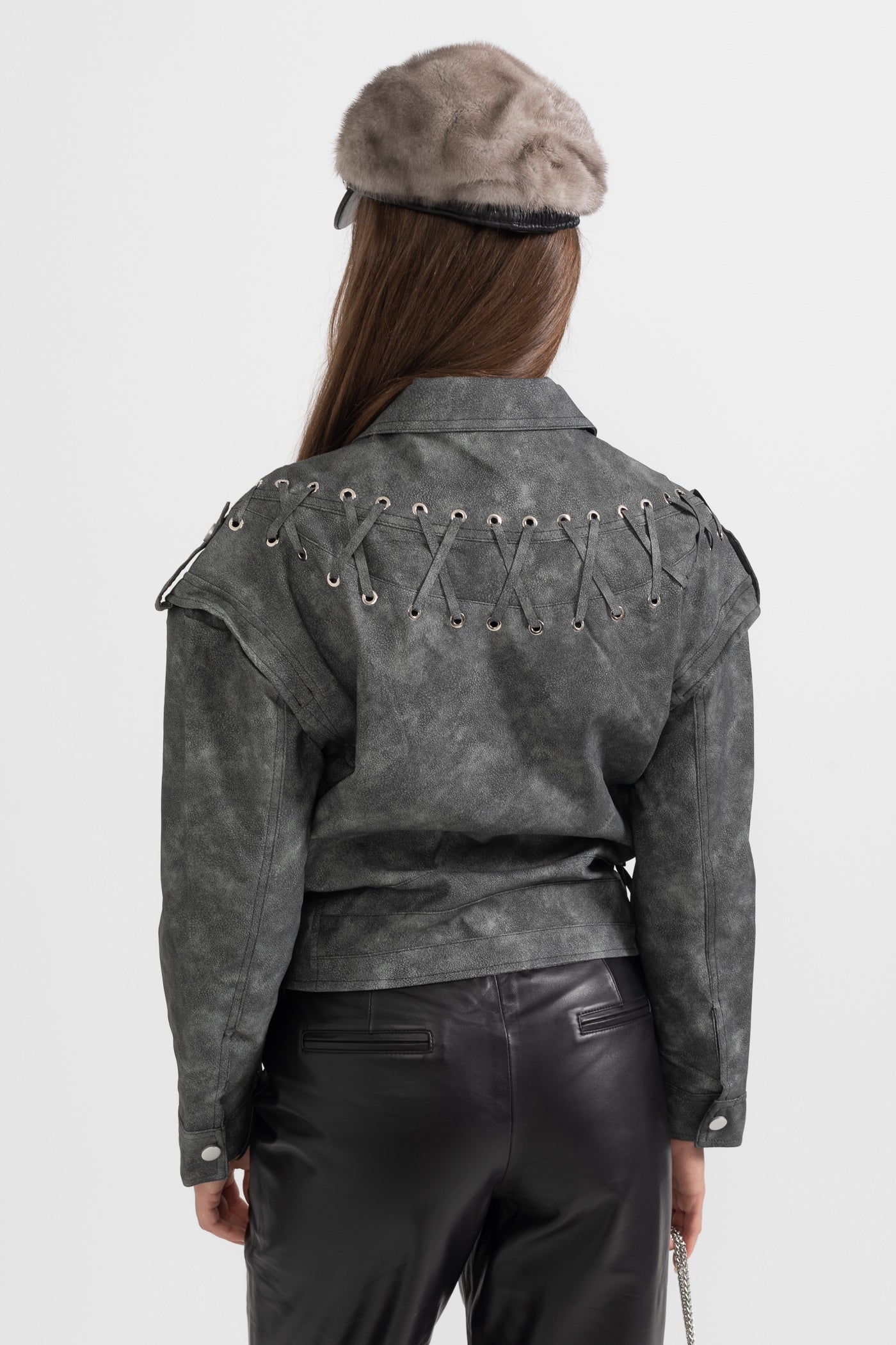 Vegan Leather Jacket With Stitched Back Details - Charcoal