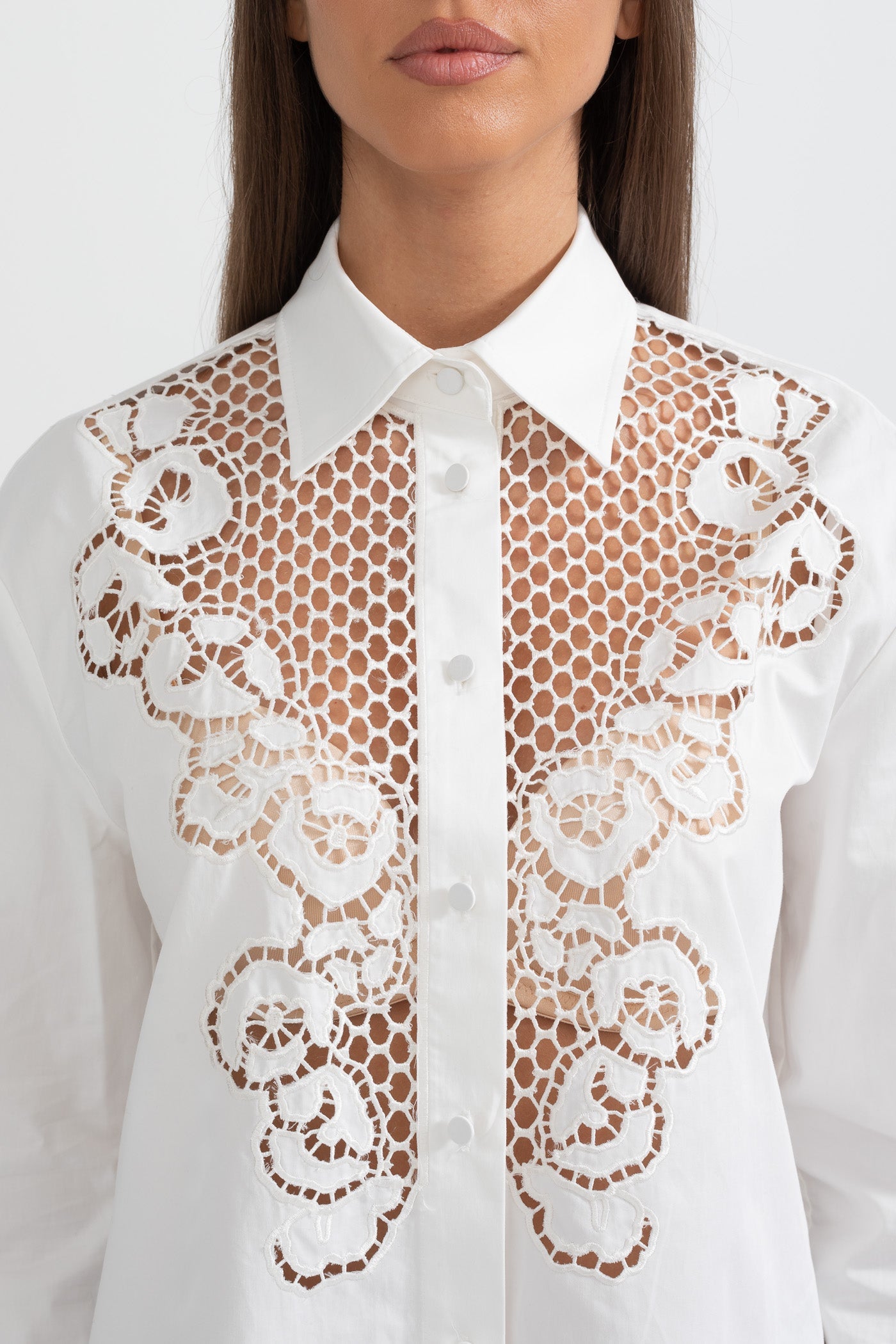 Button-Up Shirt With Lace Floral Detailing - White