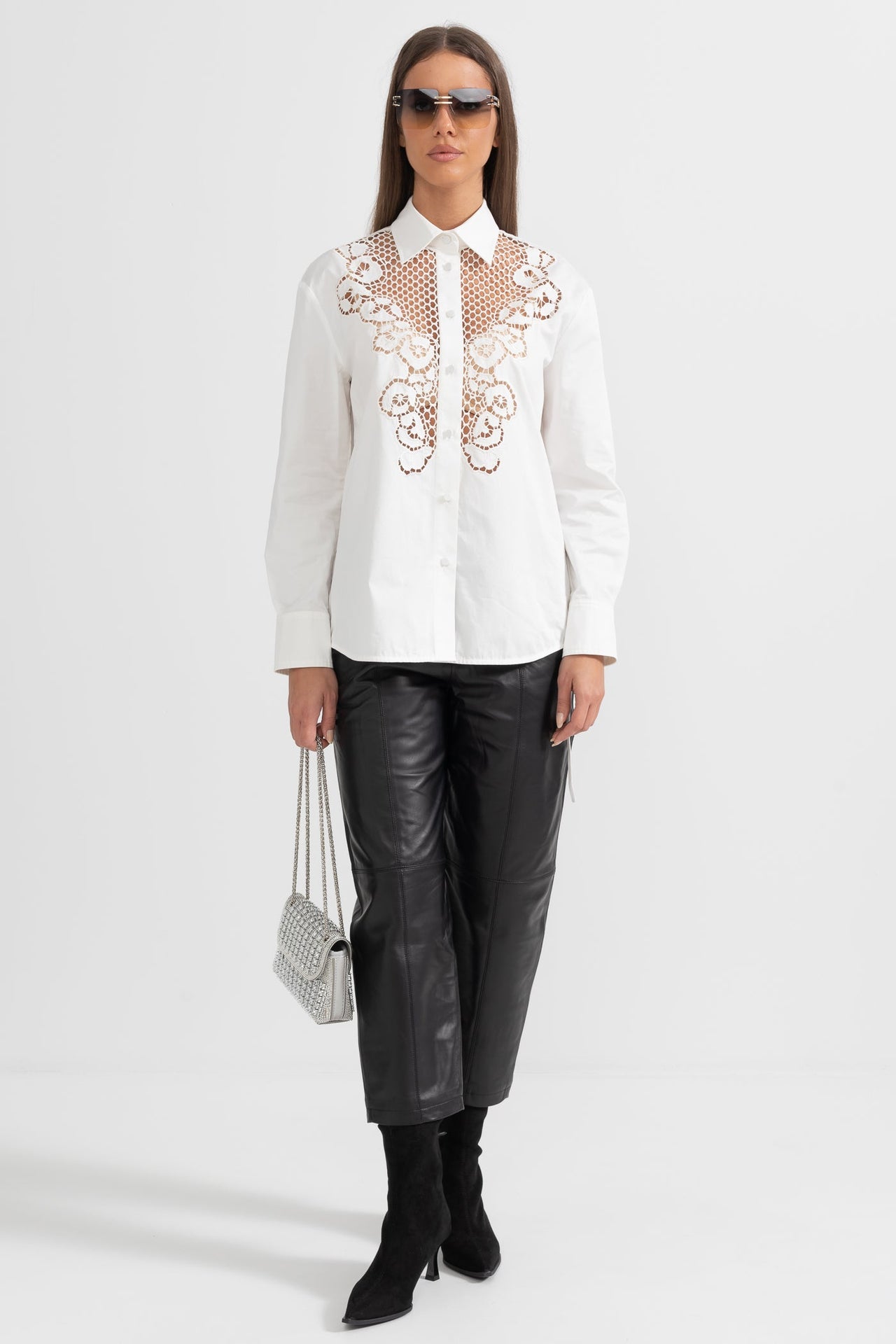 Button-Up Shirt With Lace Floral Detailing - White