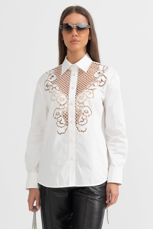 Button-Up Shirt With Lace Floral Detailing - White