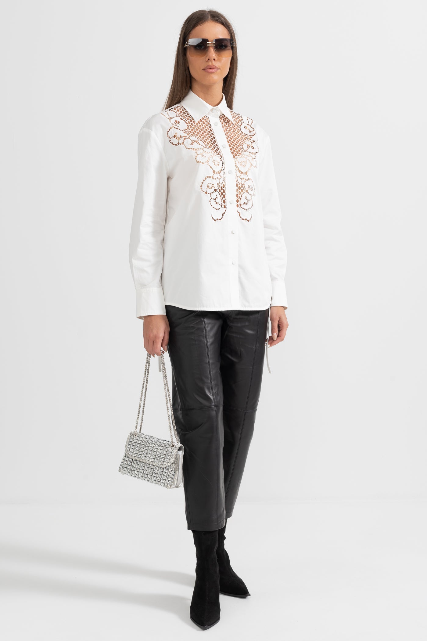 Button-Up Shirt With Lace Floral Detailing - White