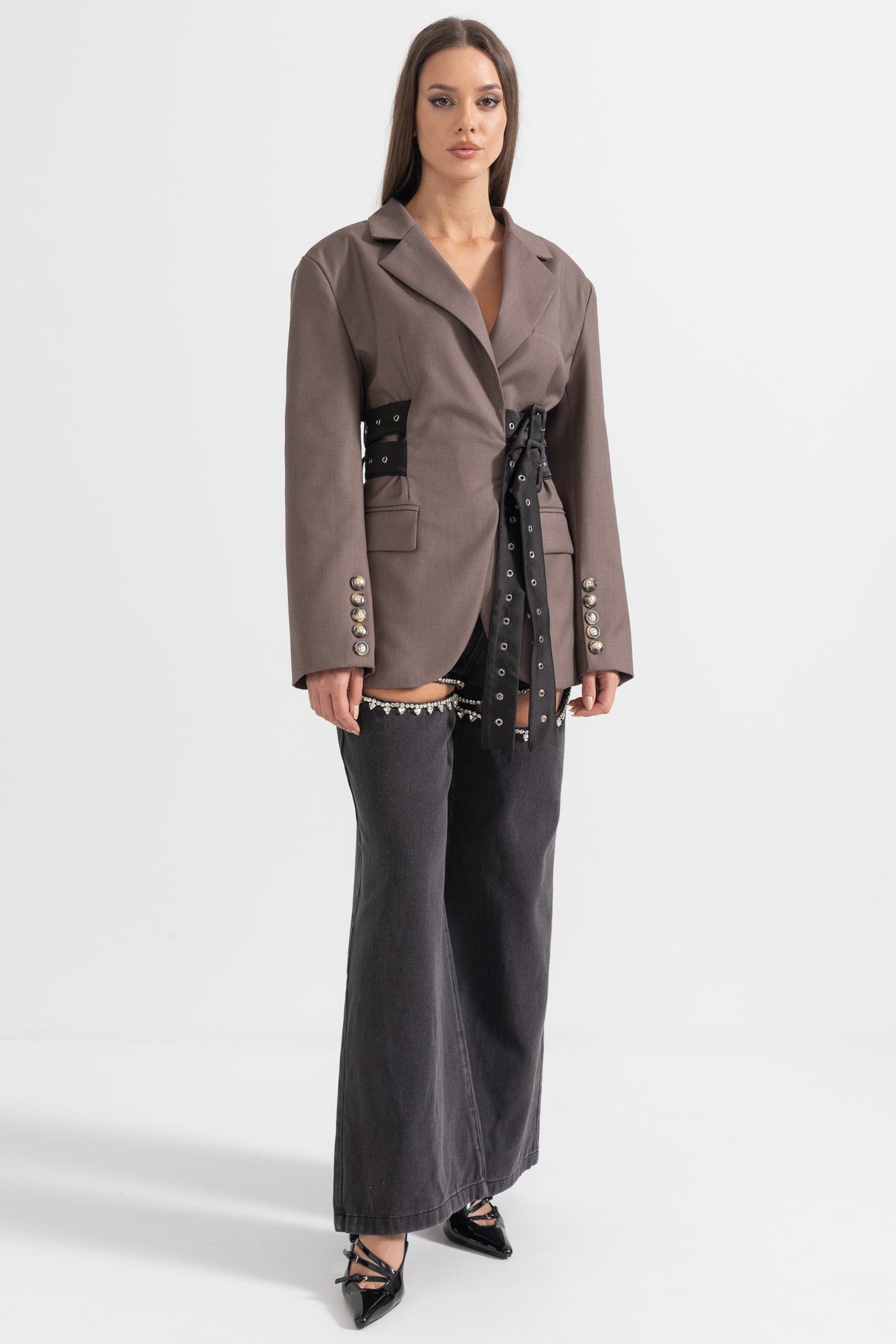 Contemporary Blazer With Dual Belt - Brown