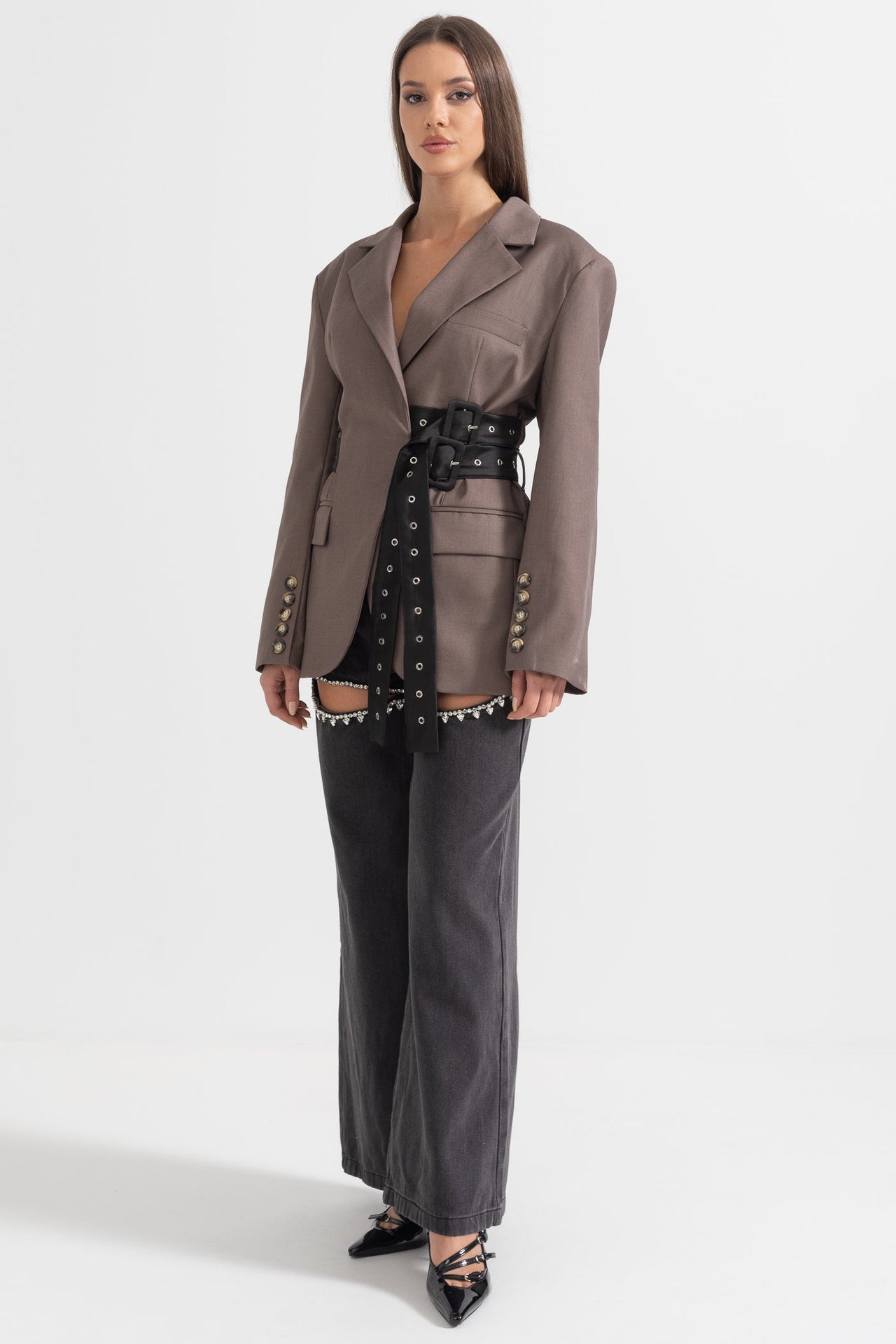 Contemporary Blazer With Dual Belt - Brown