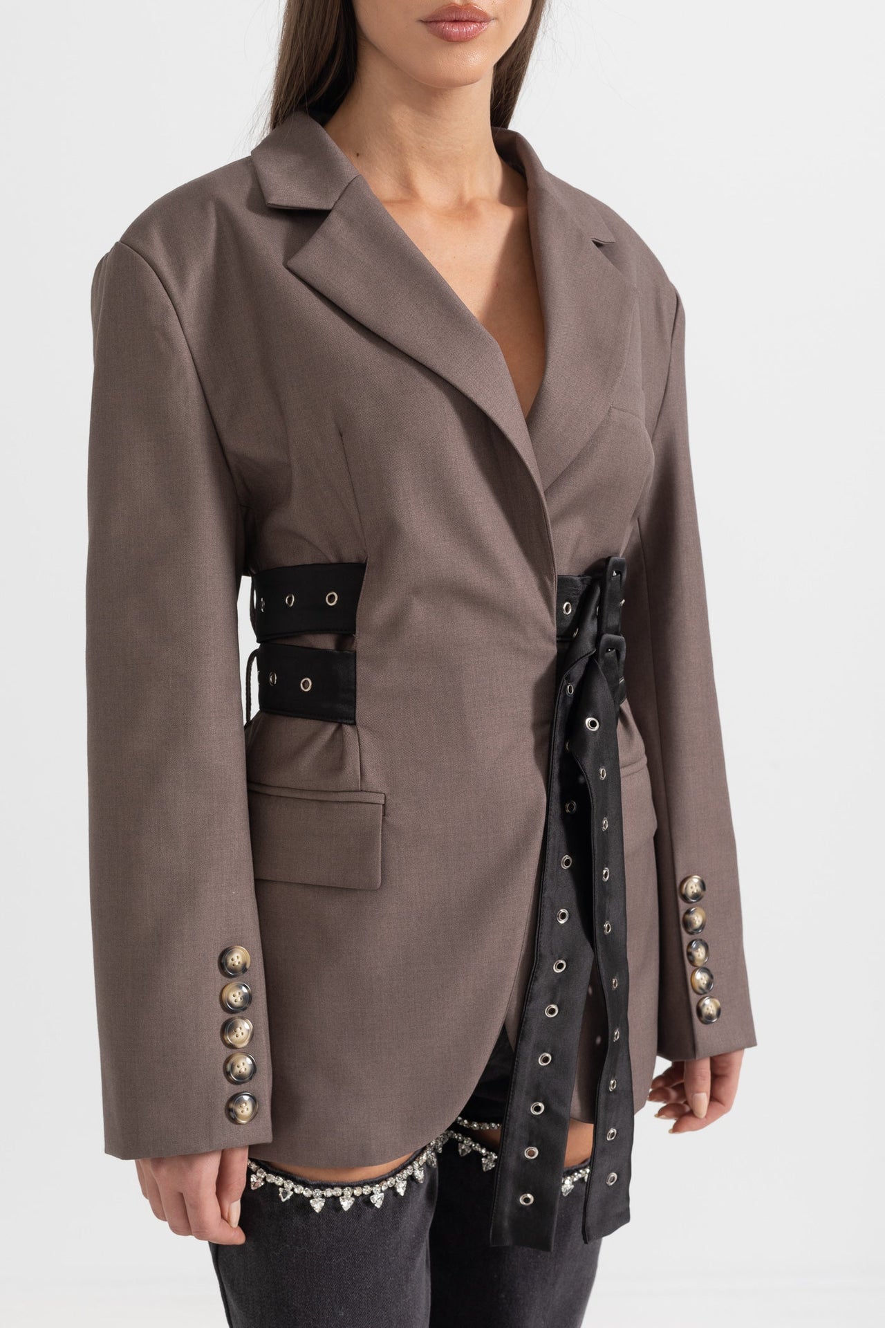 Contemporary Blazer With Dual Belt - Brown