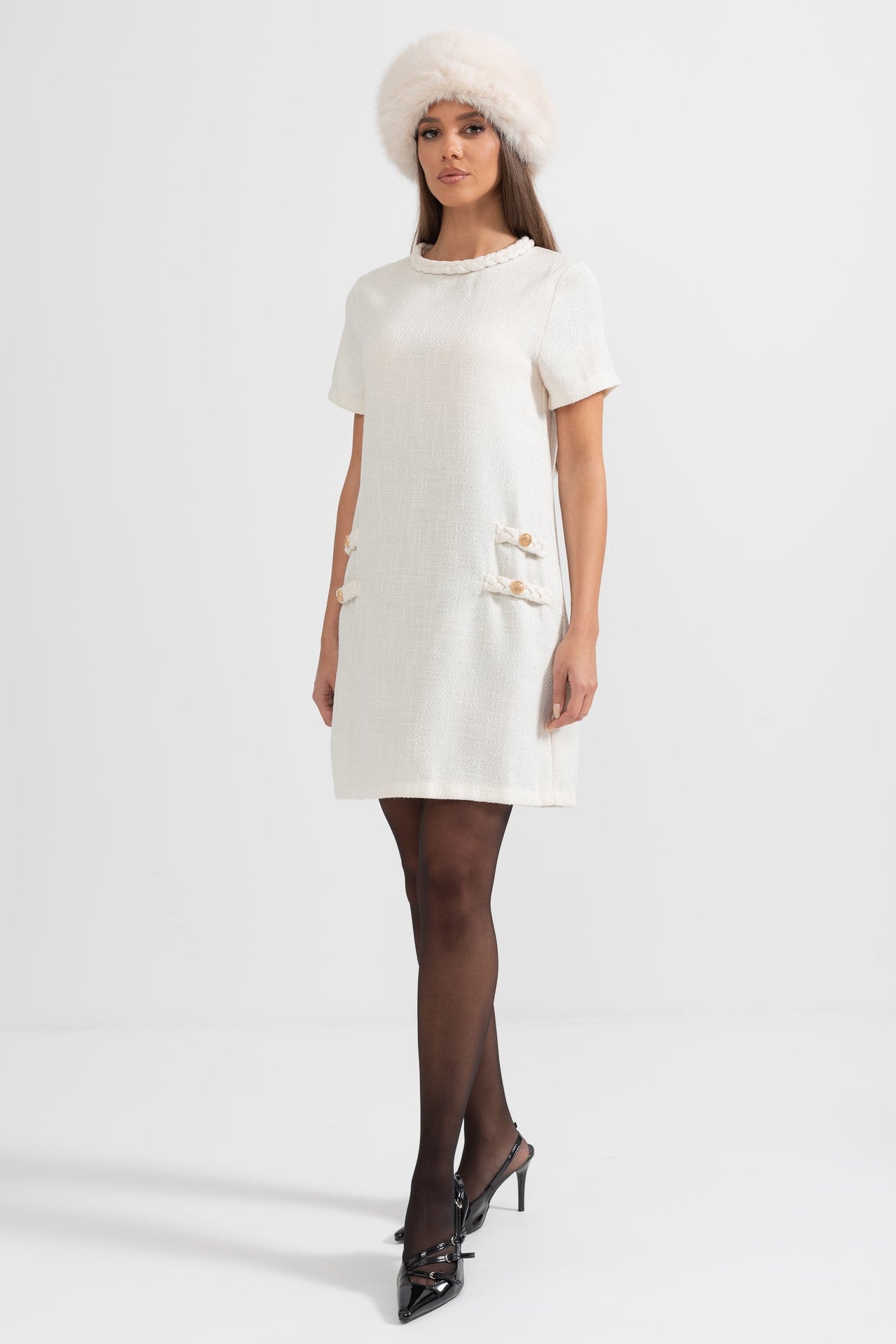 Short-Sleeve Textured Dress With Braided Accents - Ivoire