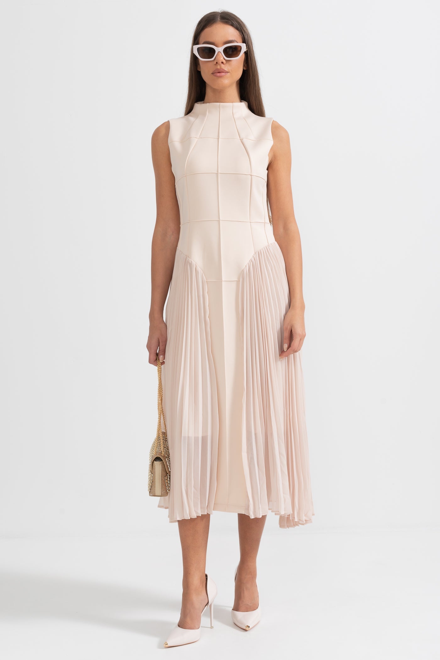 Sleeveless Knit Midi Dress with Plies - Nude