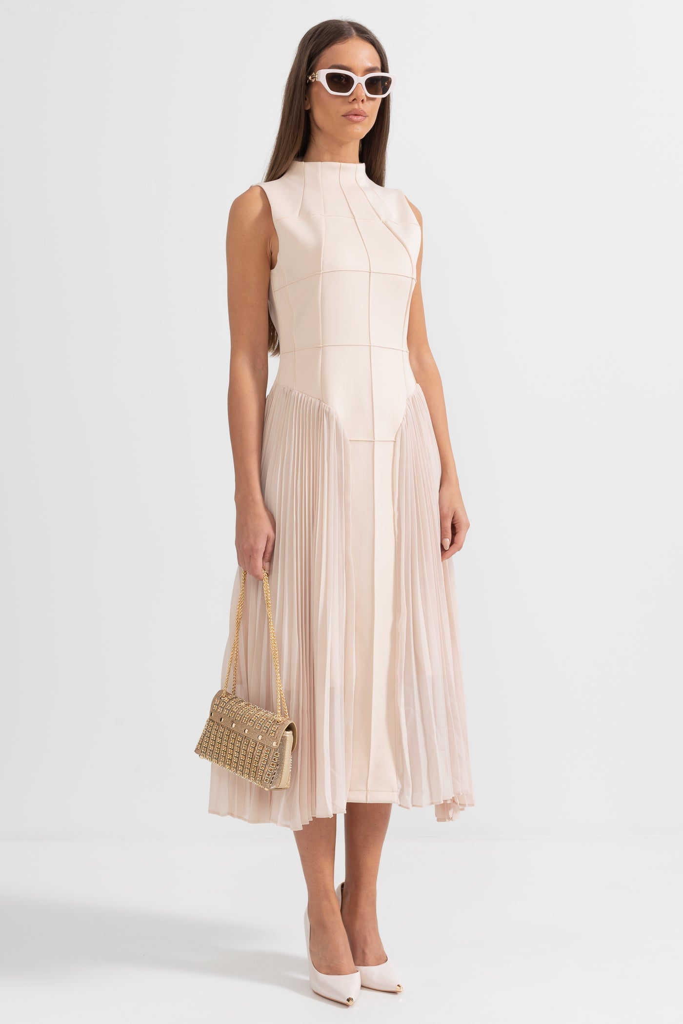 Sleeveless Knit Midi Dress with Plies - Nude