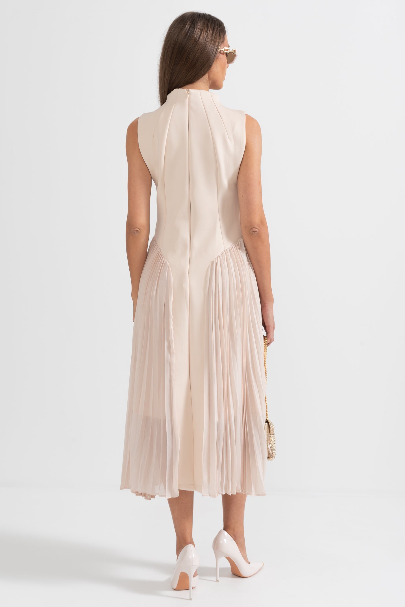 Sleeveless Knit Midi Dress with Plies - Nude