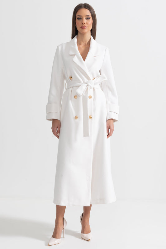 Elegant Long Coat With Wide Lapel Design - White