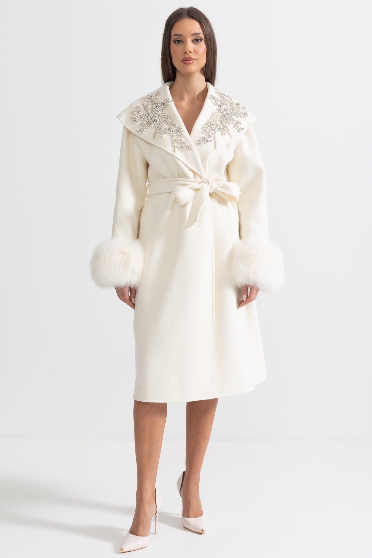 Cashmere Overcoat med Fox til manchetter og 3D blomsterdetaljer - Ivoire