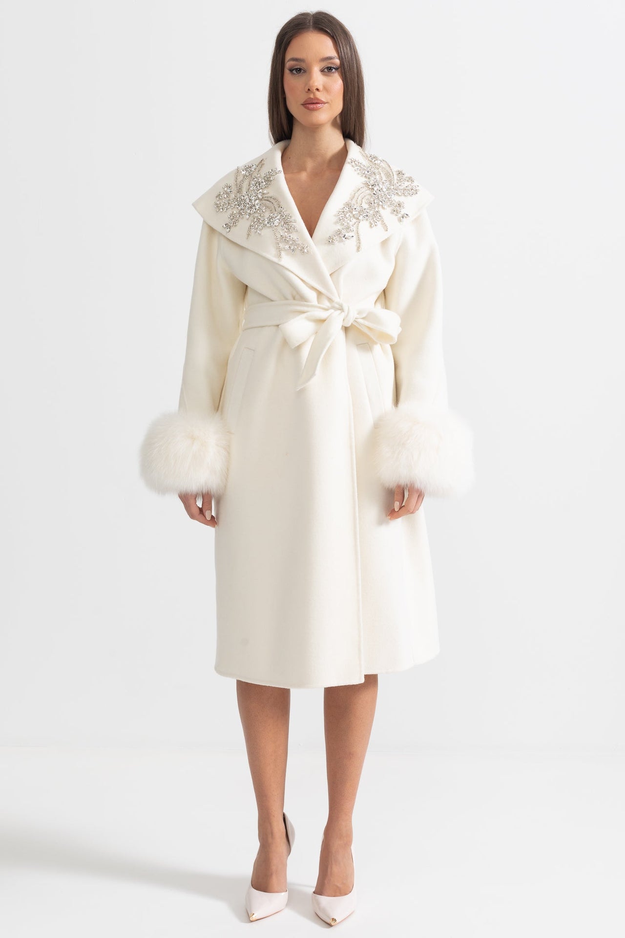 Cashmere Overcoat med Fox til manchetter og 3D blomsterdetaljer - Ivoire