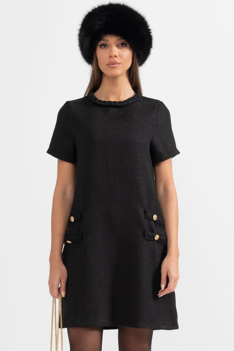 Short-Sleeve Textured Dress With Braided Accents - Black