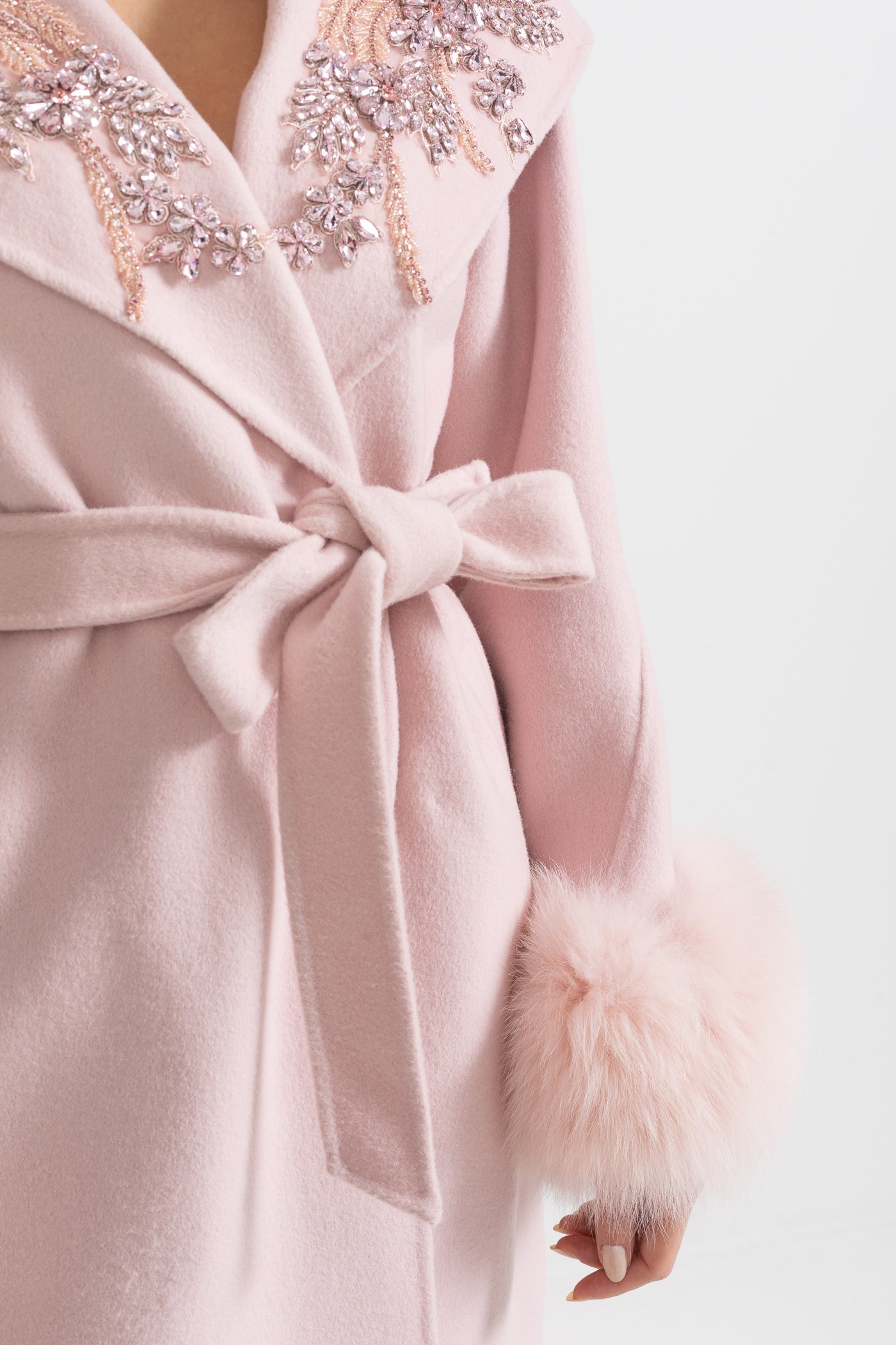 Cashmere Overcoat With Fox Fur Cuffs And 3D Floral Detailing - Pink