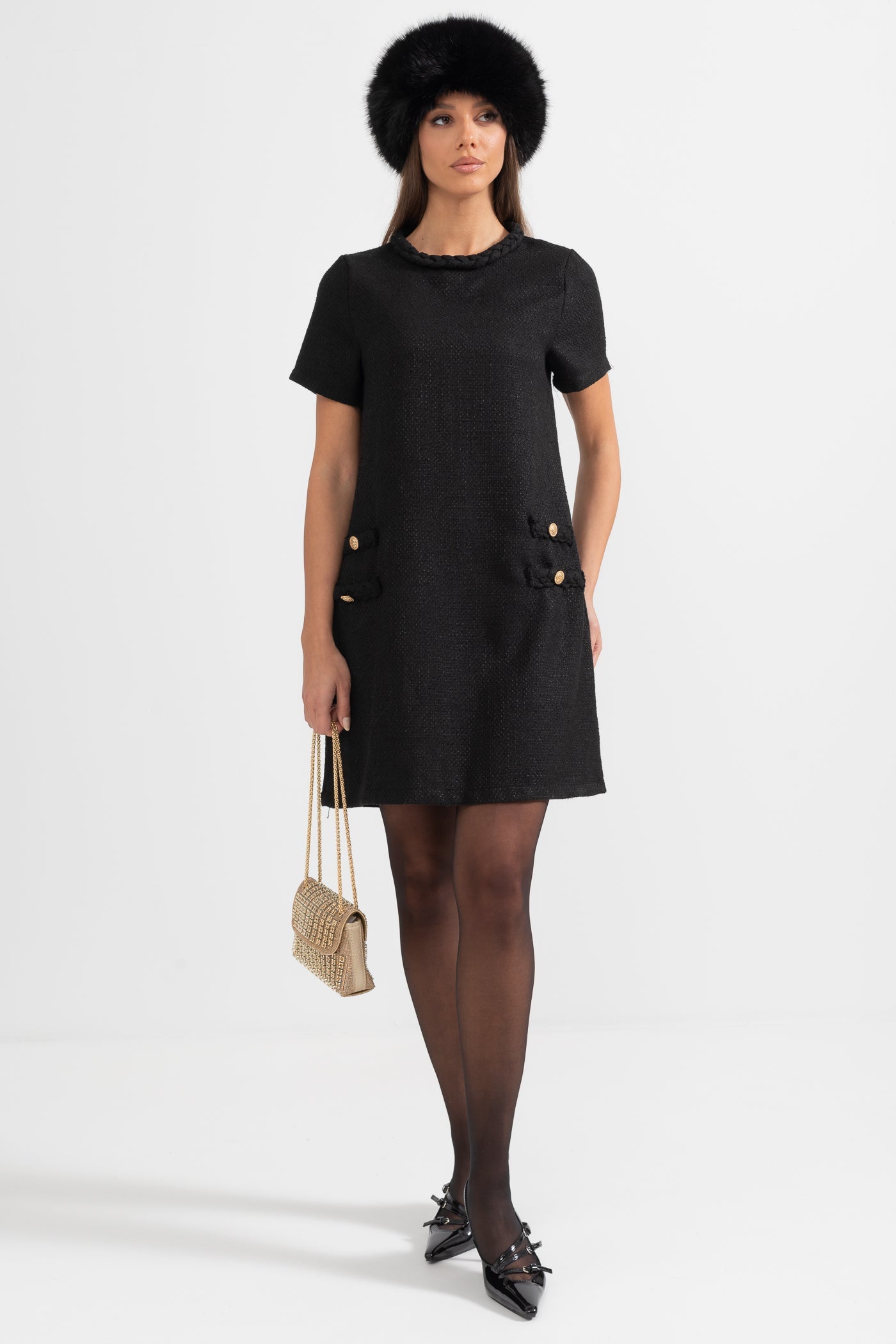 Short-Sleeve Textured Dress With Braided Accents - Black