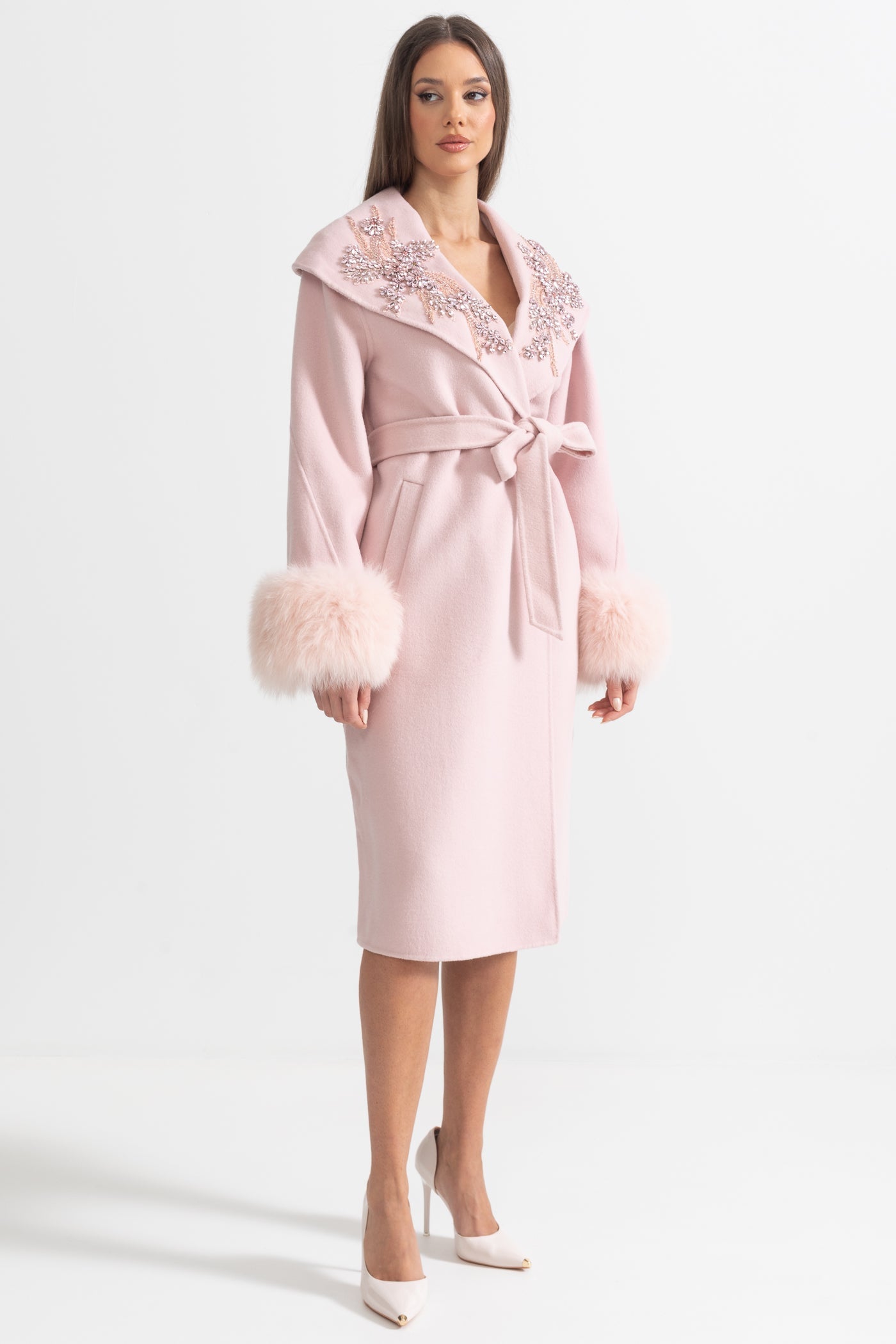 Cashmere Overcoat With Fox Fur Cuffs And 3D Floral Detailing - Pink