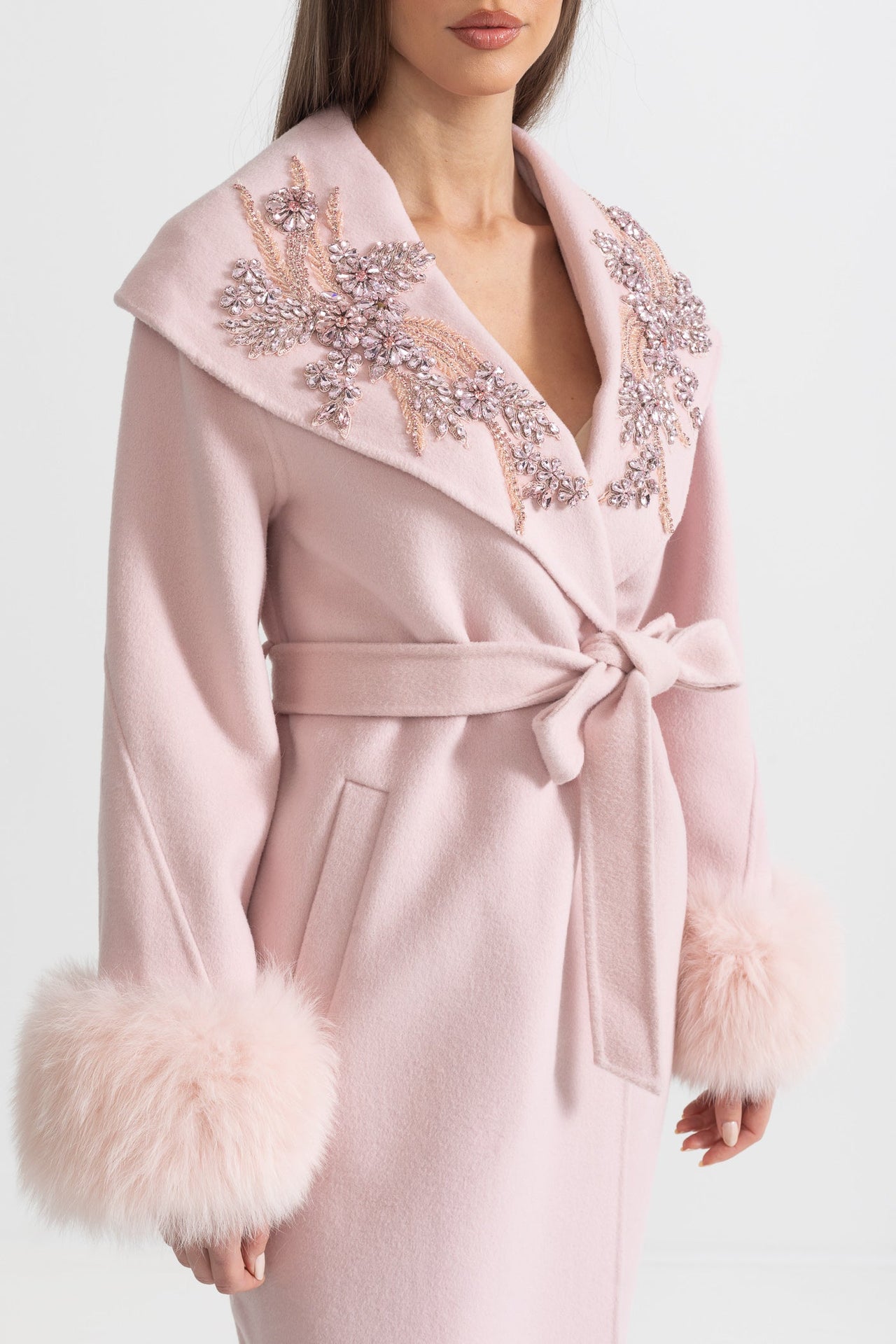 Cashmere Overcoat With Fox Fur Cuffs And 3D Floral Detailing - Pink