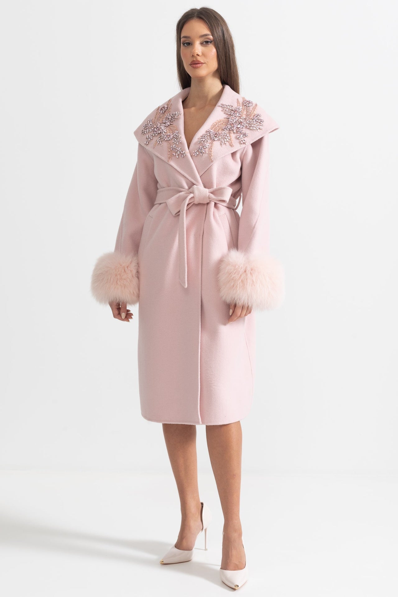 Cashmere Overcoat With Fox Fur Cuffs And 3D Floral Detailing - Pink