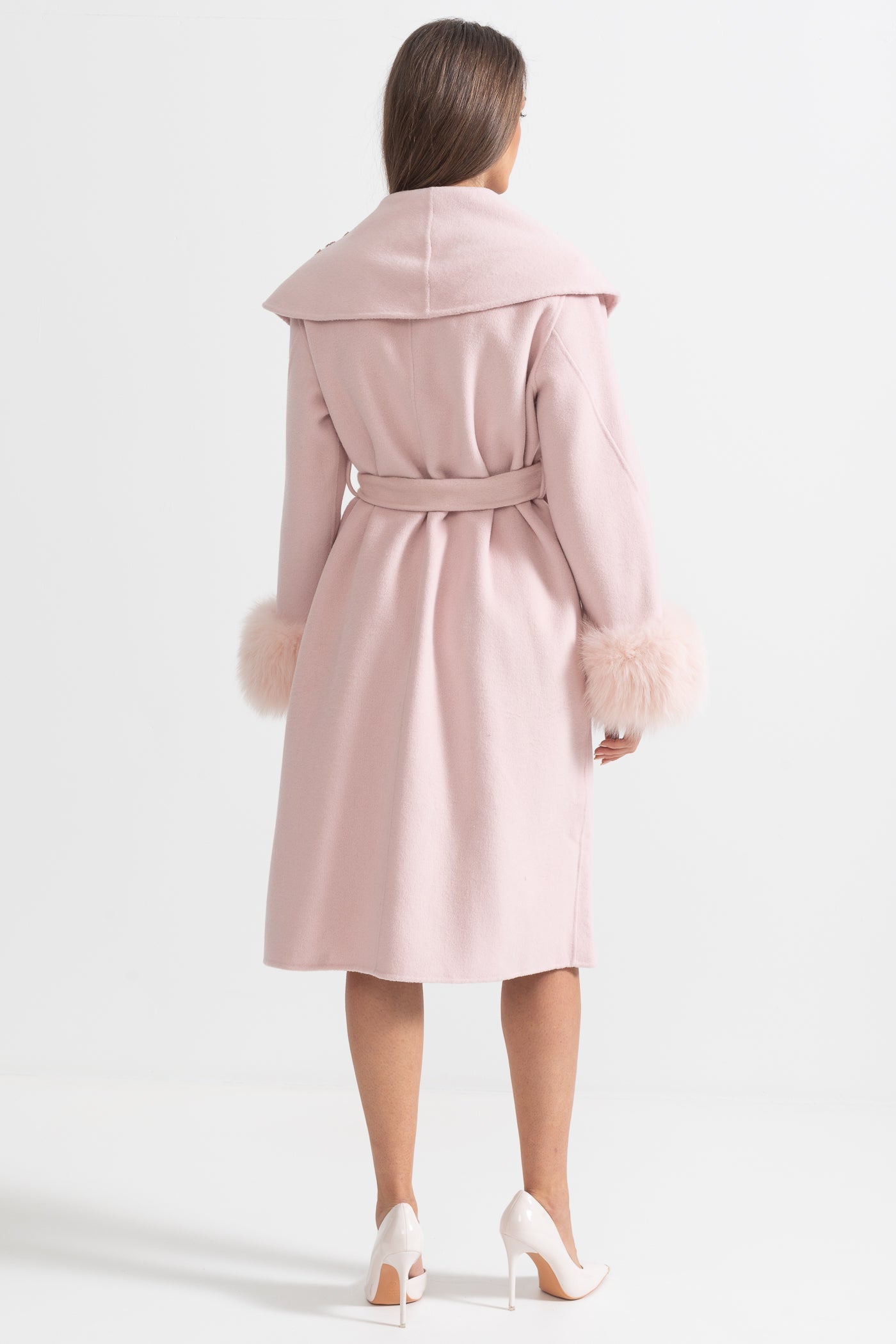 Cashmere Overcoat With Fox Fur Cuffs And 3D Floral Detailing - Pink