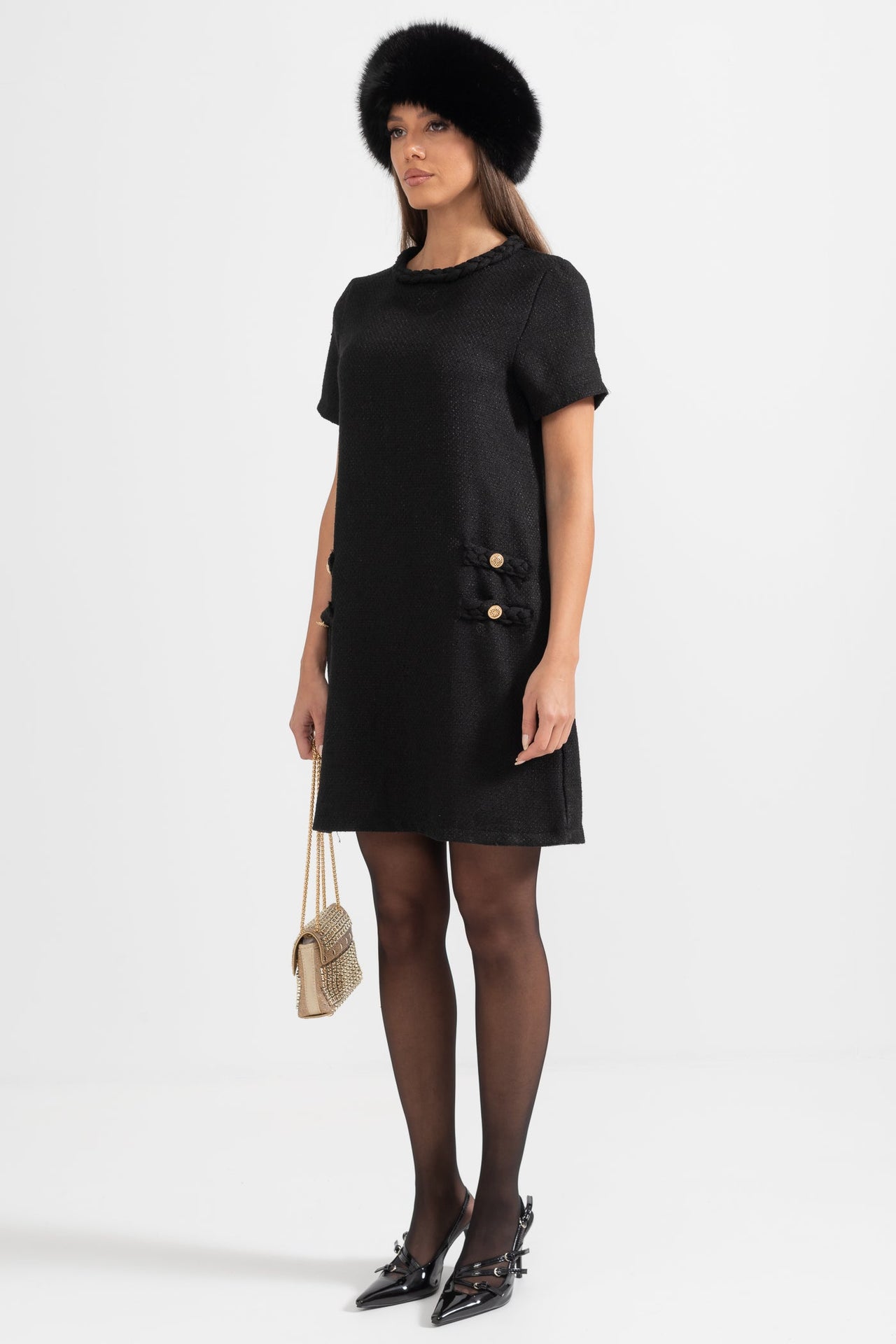 Short-Sleeve Textured Dress With Braided Accents - Black