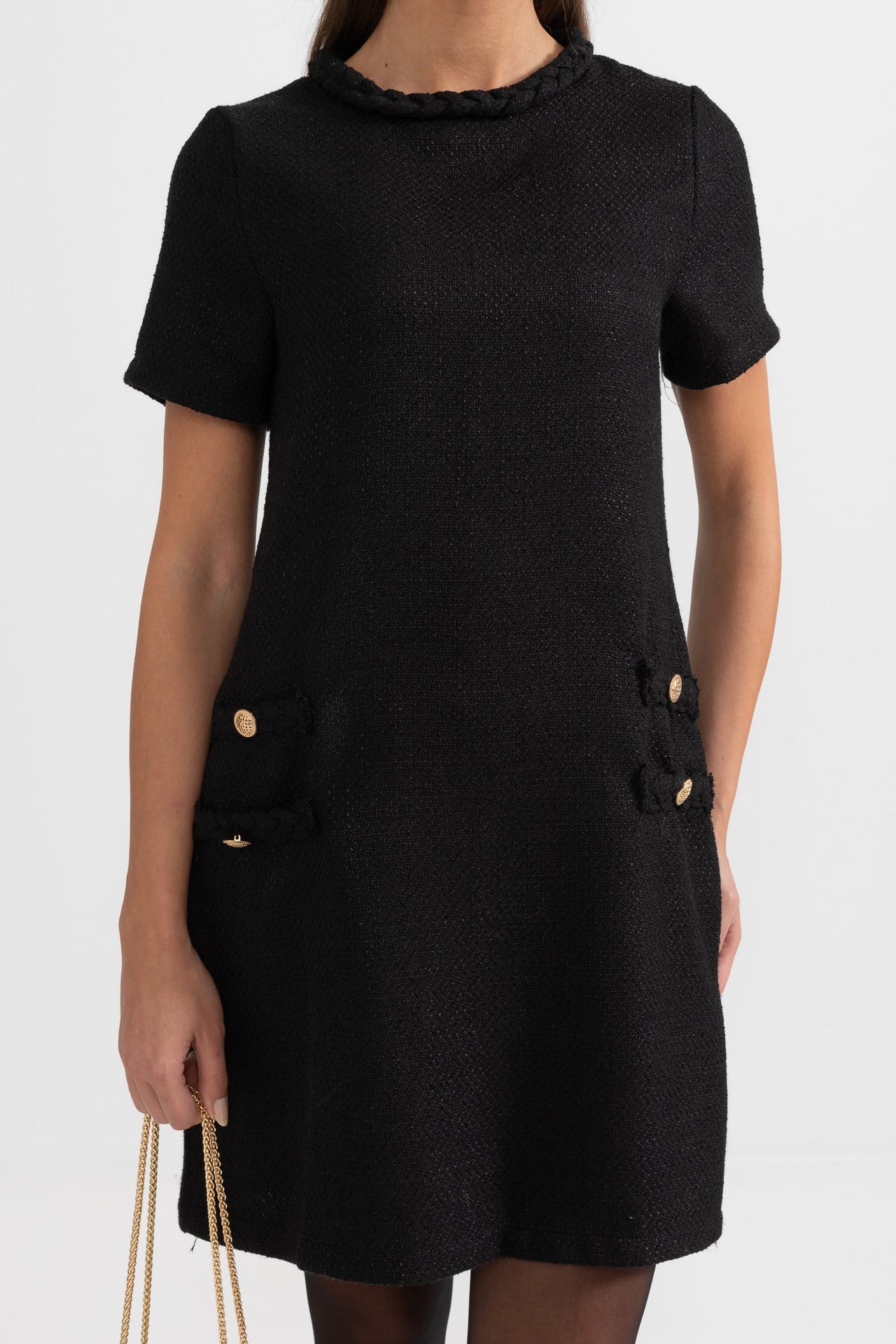 Short-Sleeve Textured Dress With Braided Accents - Black