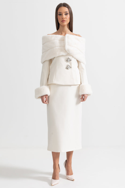 Two-Piece Ensemble With Faux Fur Shawl, Cuffs And Midi Skirt - White