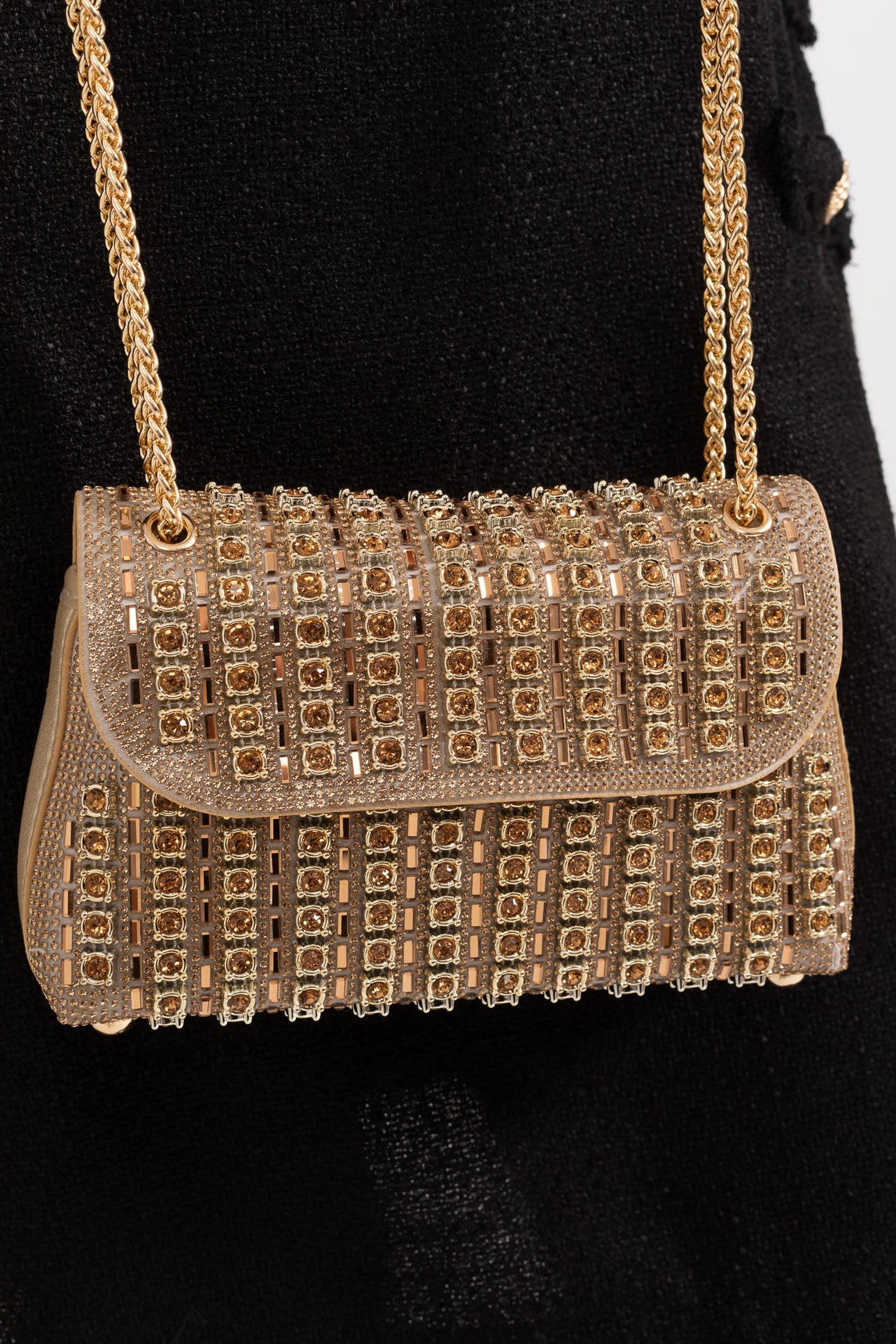 Glistening Woven Handbag With Shimmering Rhinestone Embellishments - Gold