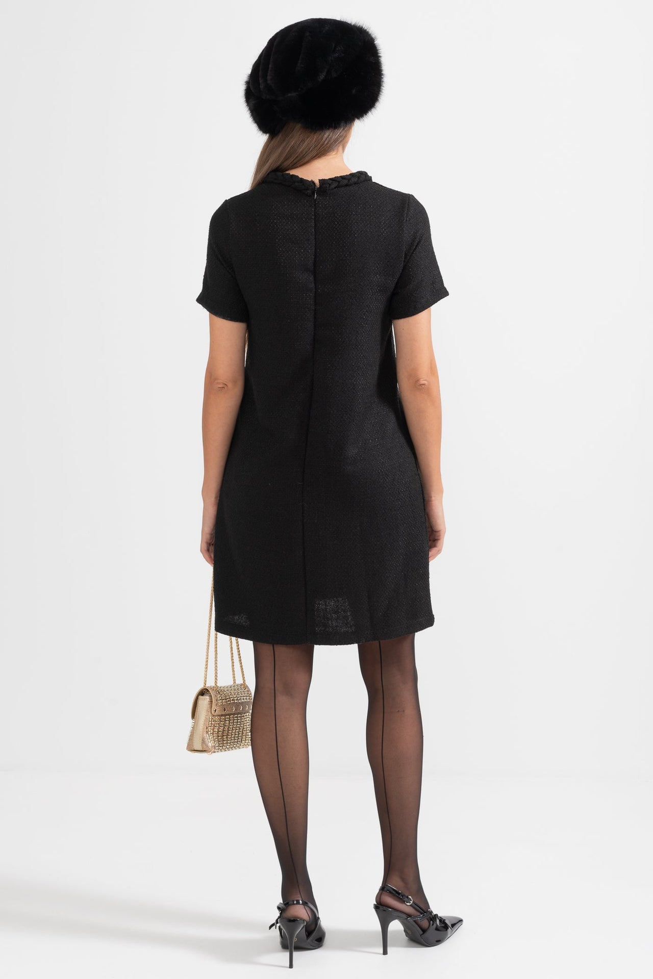 Short-Sleeve Textured Dress With Braided Accents - Black