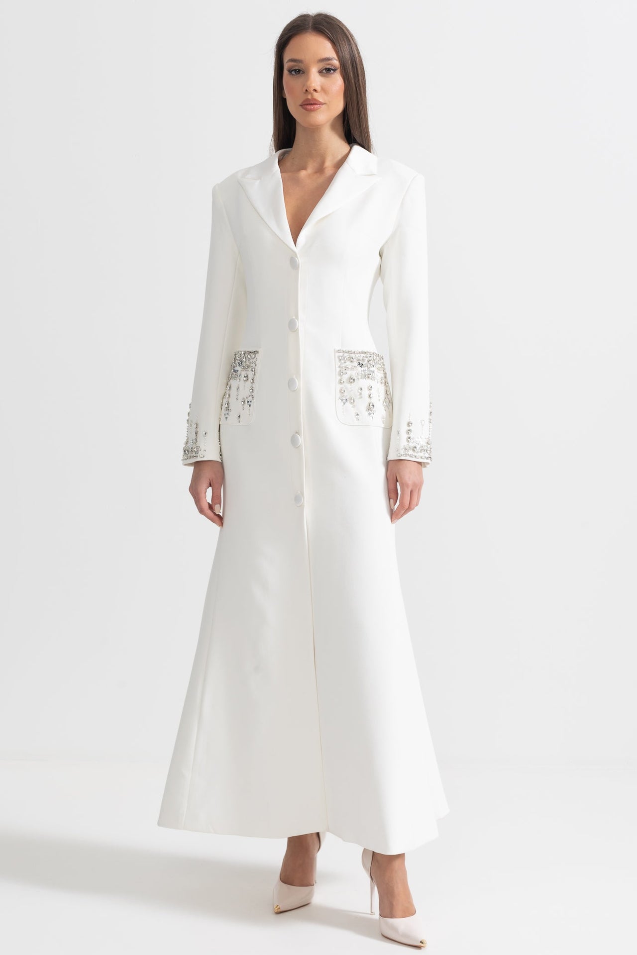 Long Silhouette Dress With Lapels & Crystal Detailing