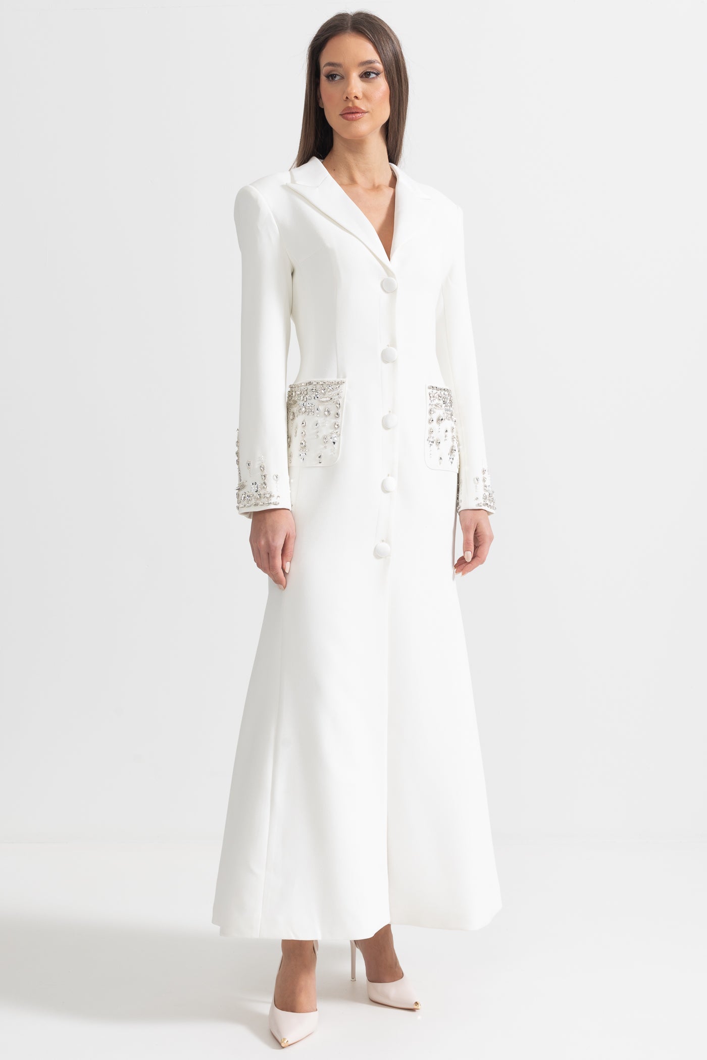 Long Silhouette Dress With Lapels & Crystal Detailing