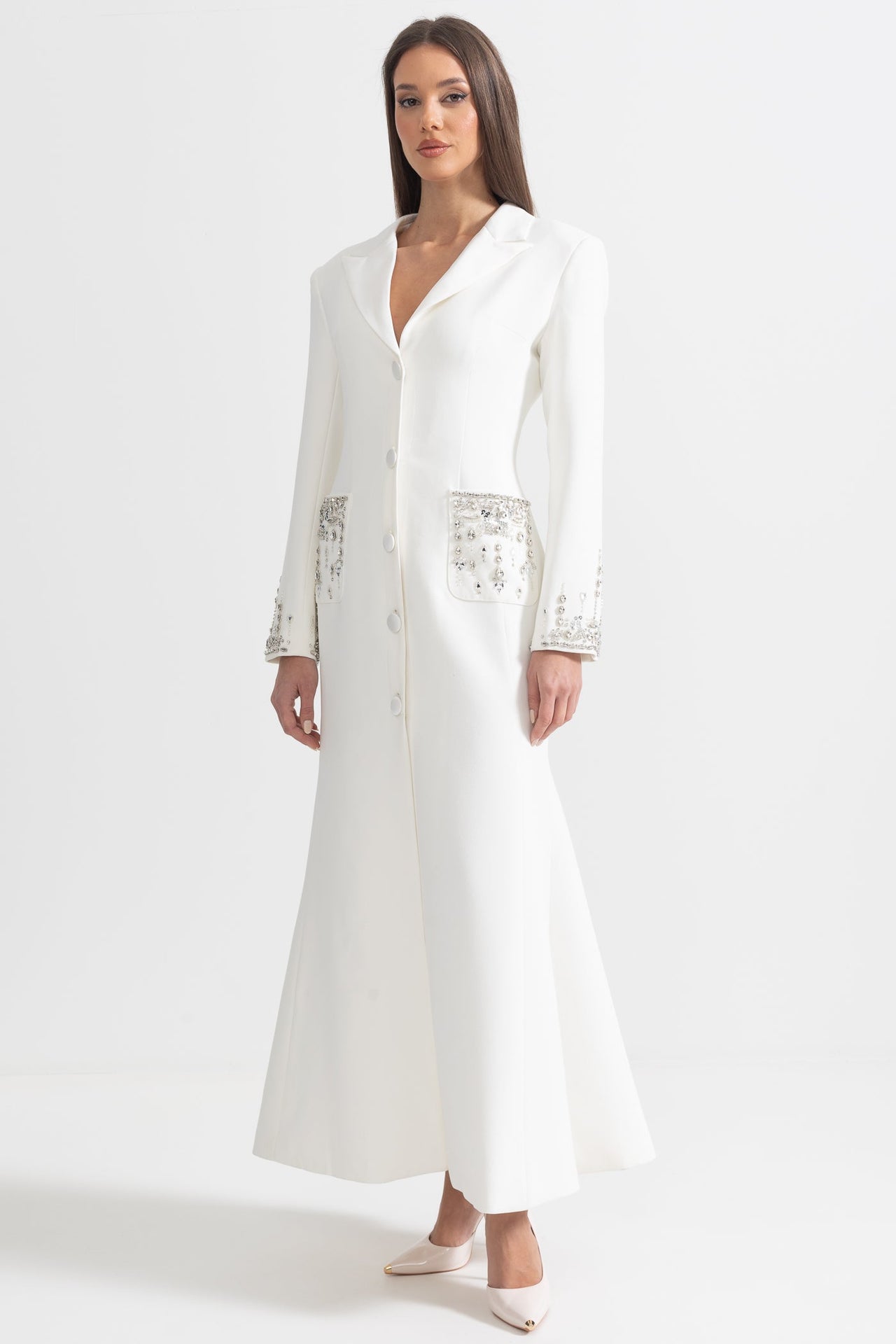 Long Silhouette Dress With Lapels & Crystal Detailing