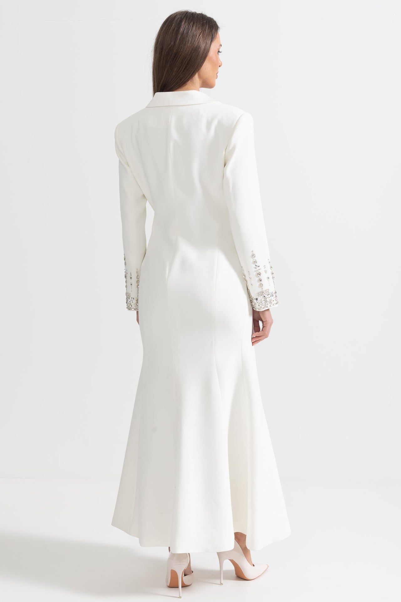 Long Silhouette Dress With Lapels & Crystal Detailing