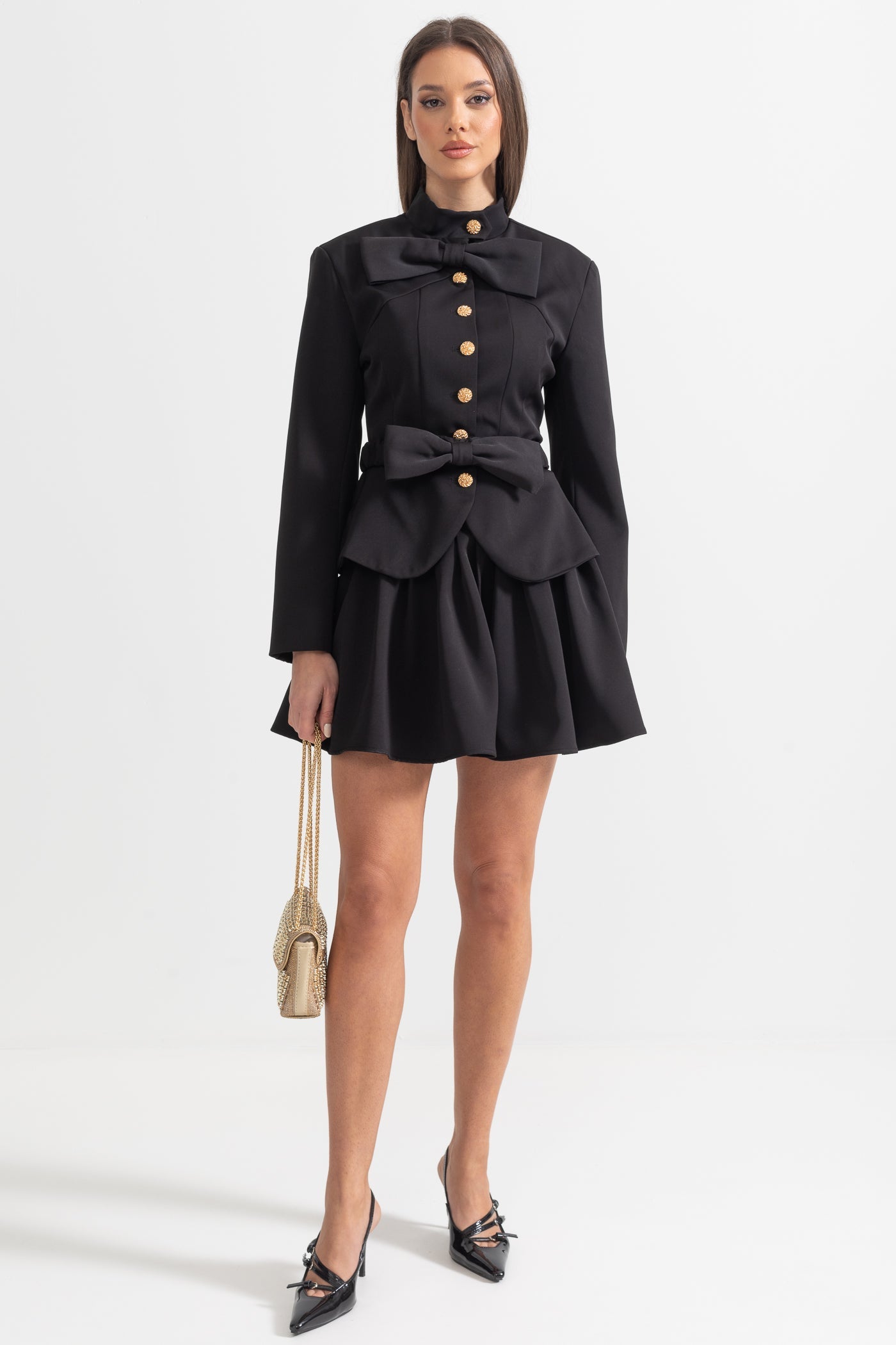 Two Piece Ensemble With Bows And Gold Buttons - Black