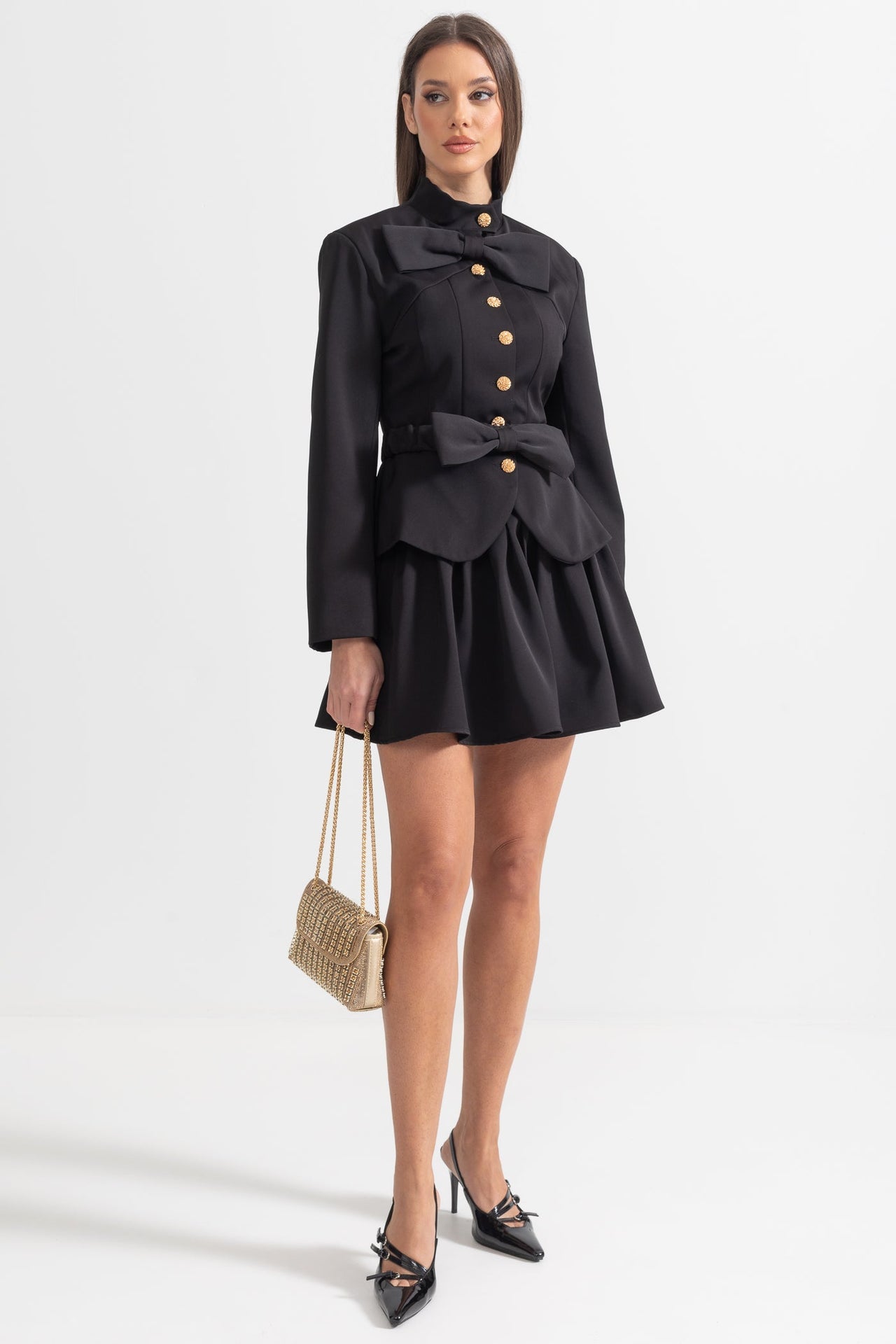 Two Piece Ensemble With Bows And Gold Buttons - Black