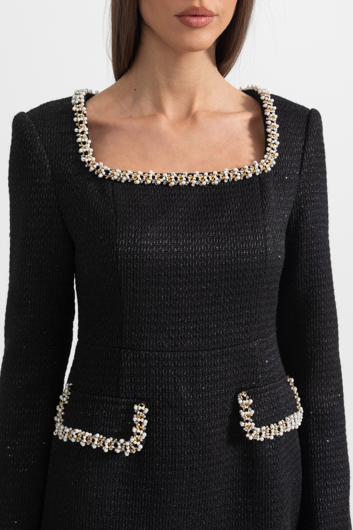 Mini Knit Dress With Square Neckline And Silver Detailing - Black