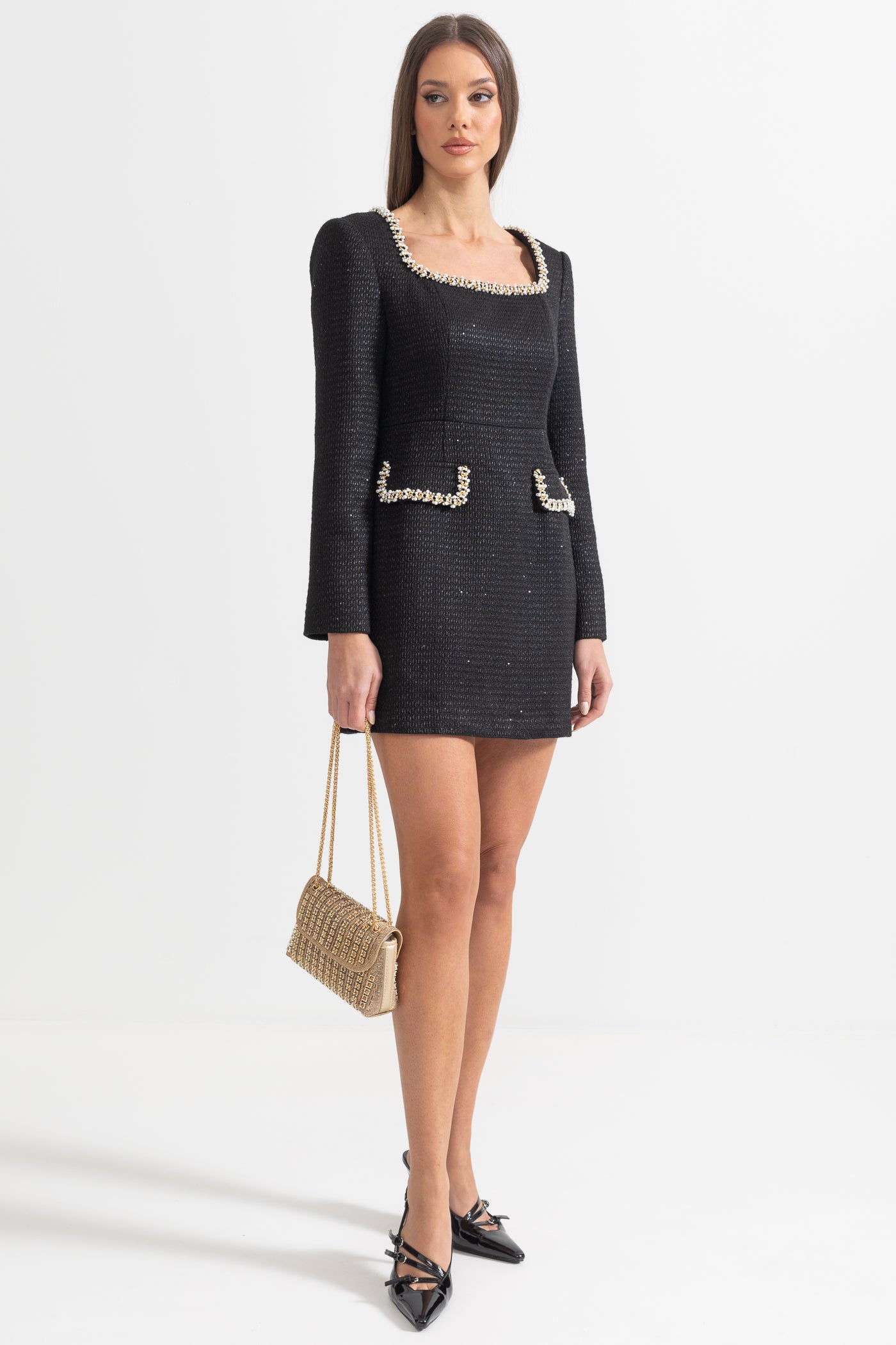 Mini Knit Dress With Square Neckline And Silver Detailing - Black