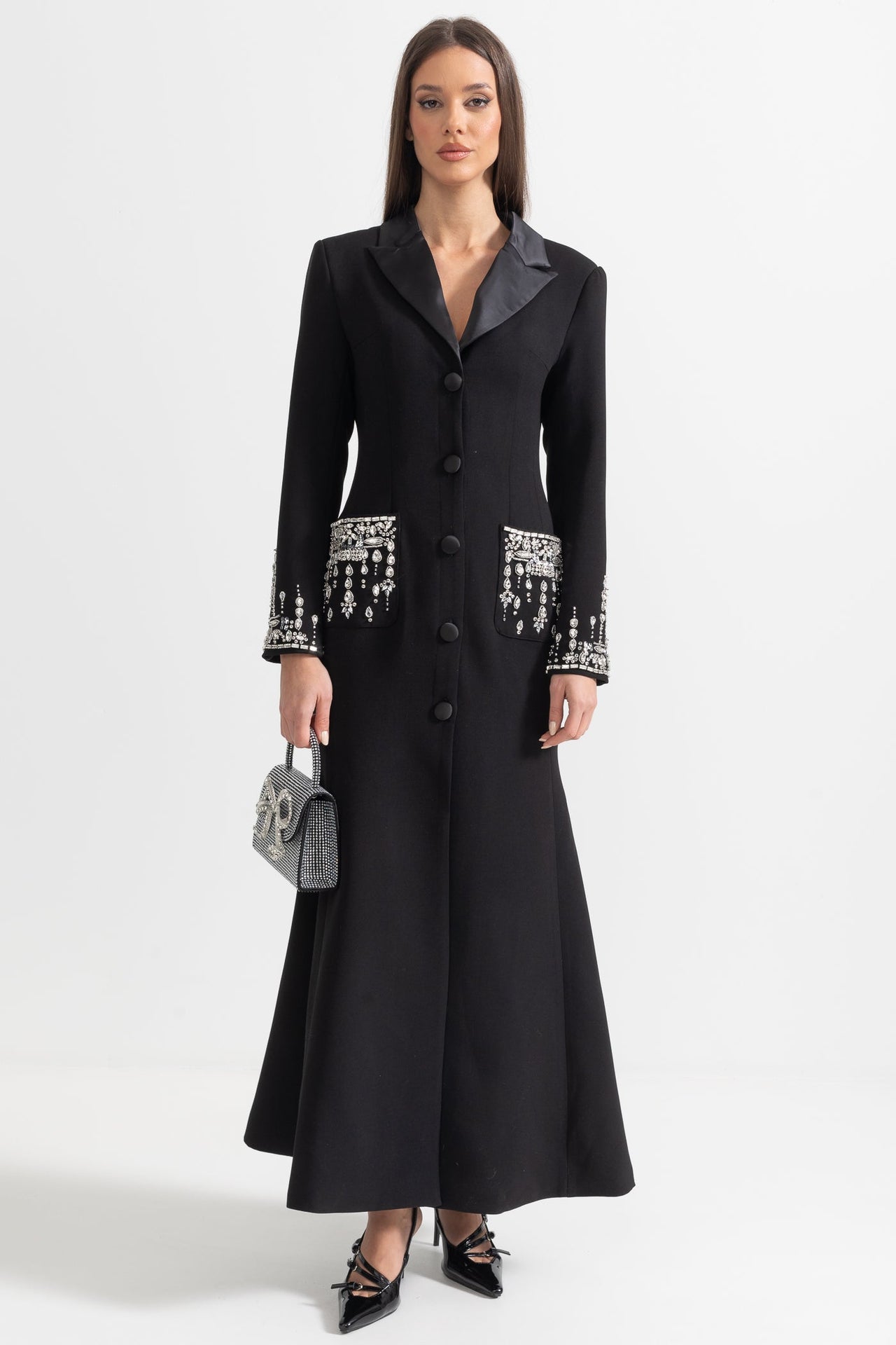 Long Silhouette Dress With Lapels & Crystal Detailing