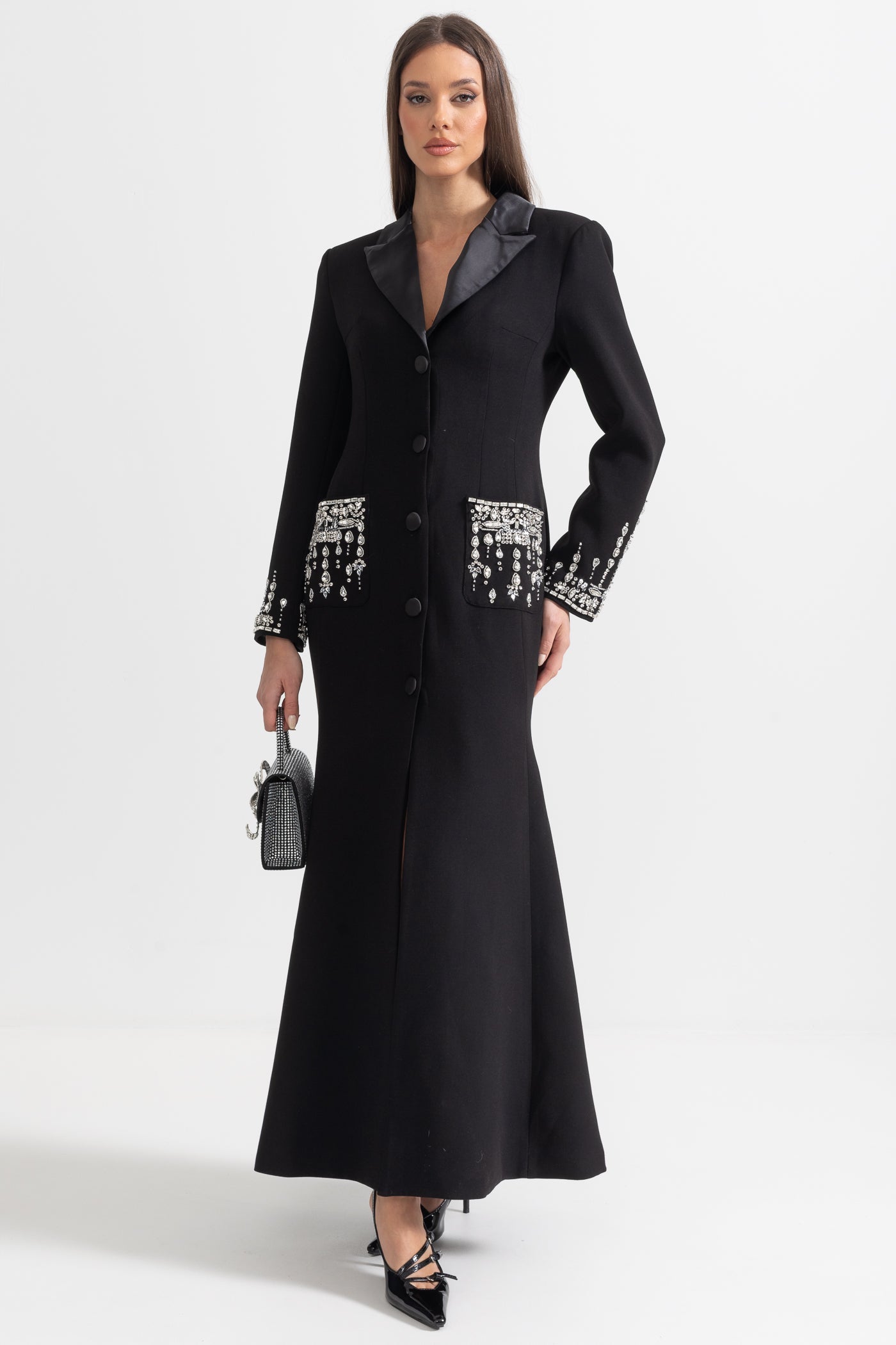 Long Silhouette Dress With Lapels & Crystal Detailing