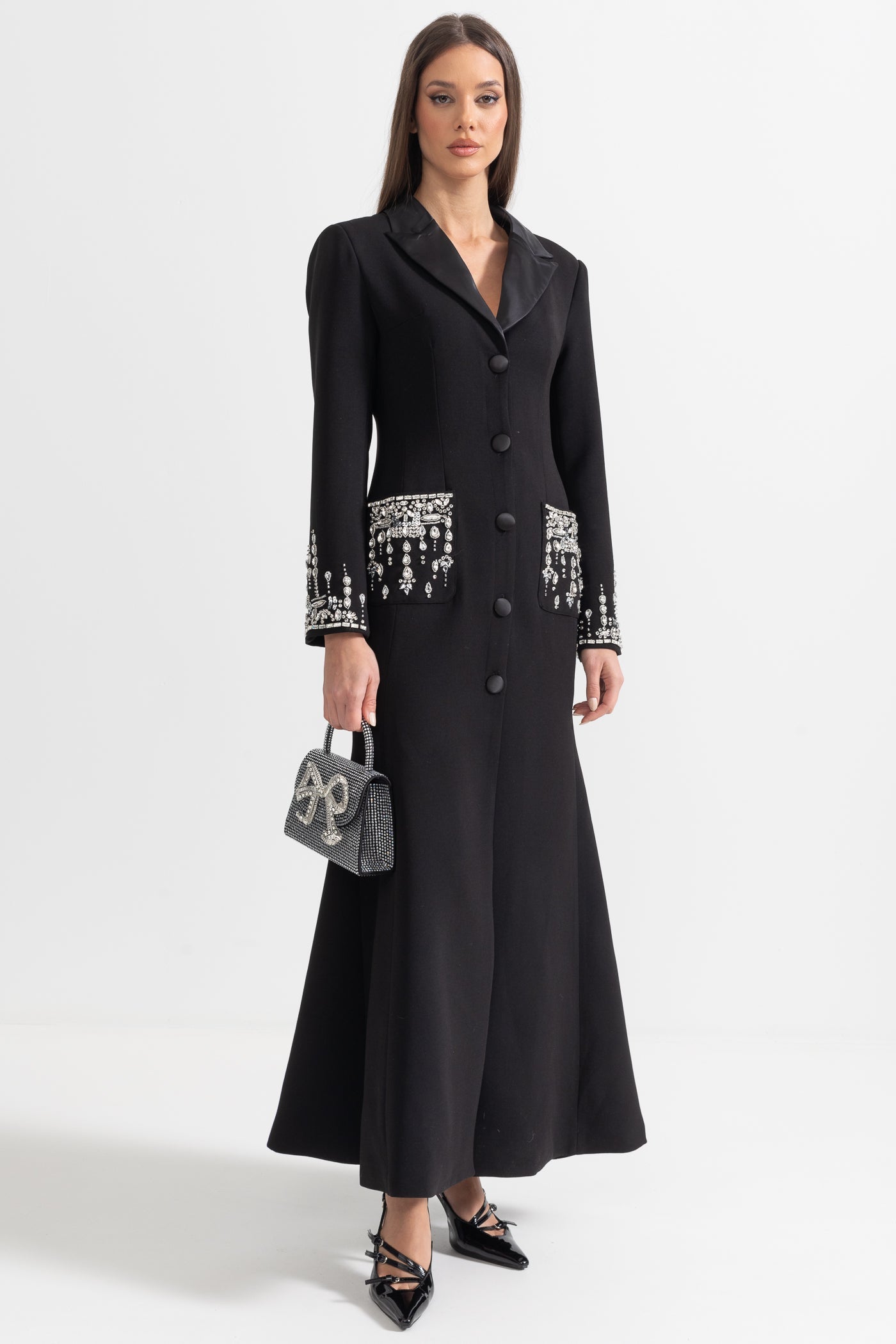 Long Silhouette Dress With Lapels & Crystal Detailing