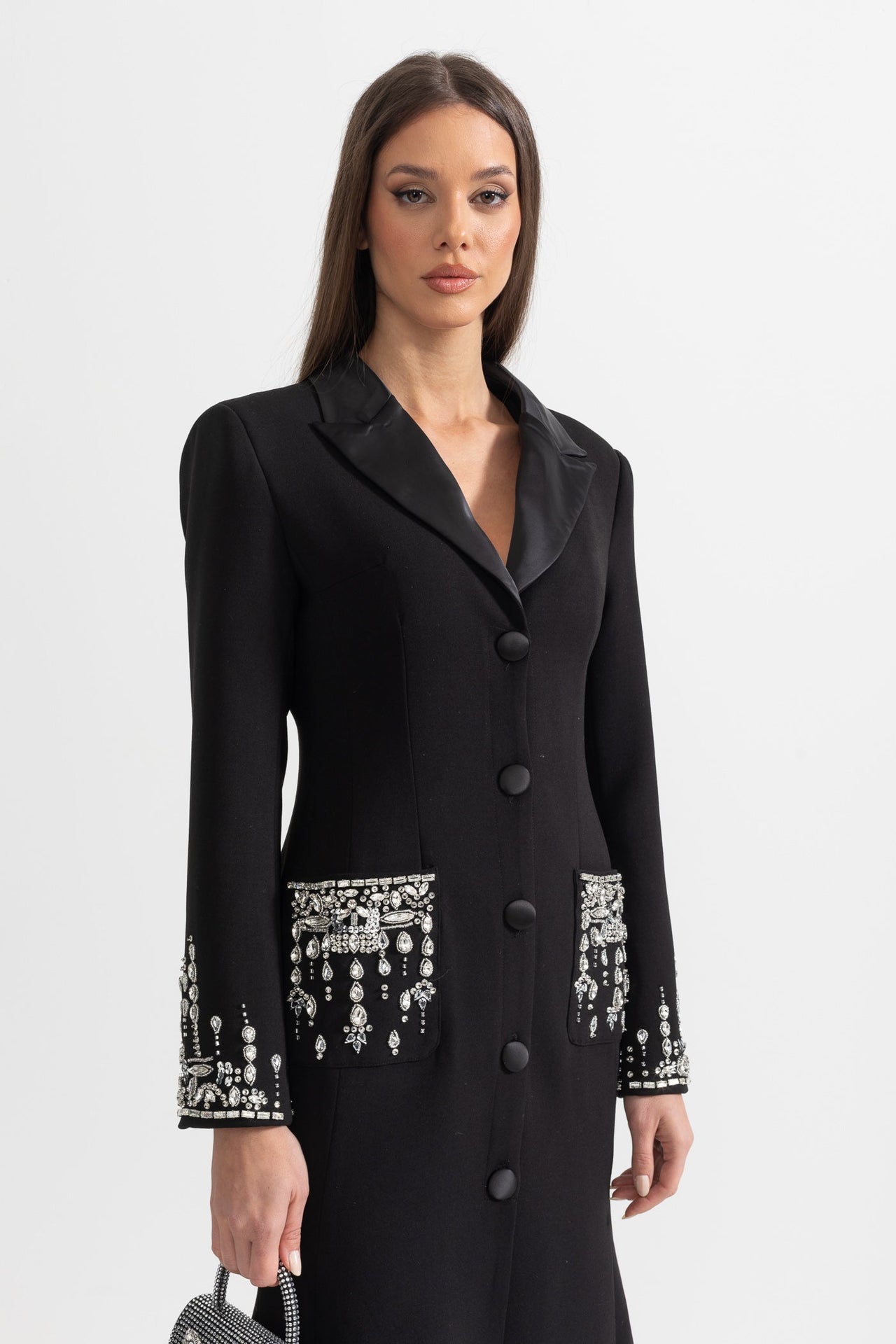 Long Silhouette Dress With Lapels & Crystal Detailing