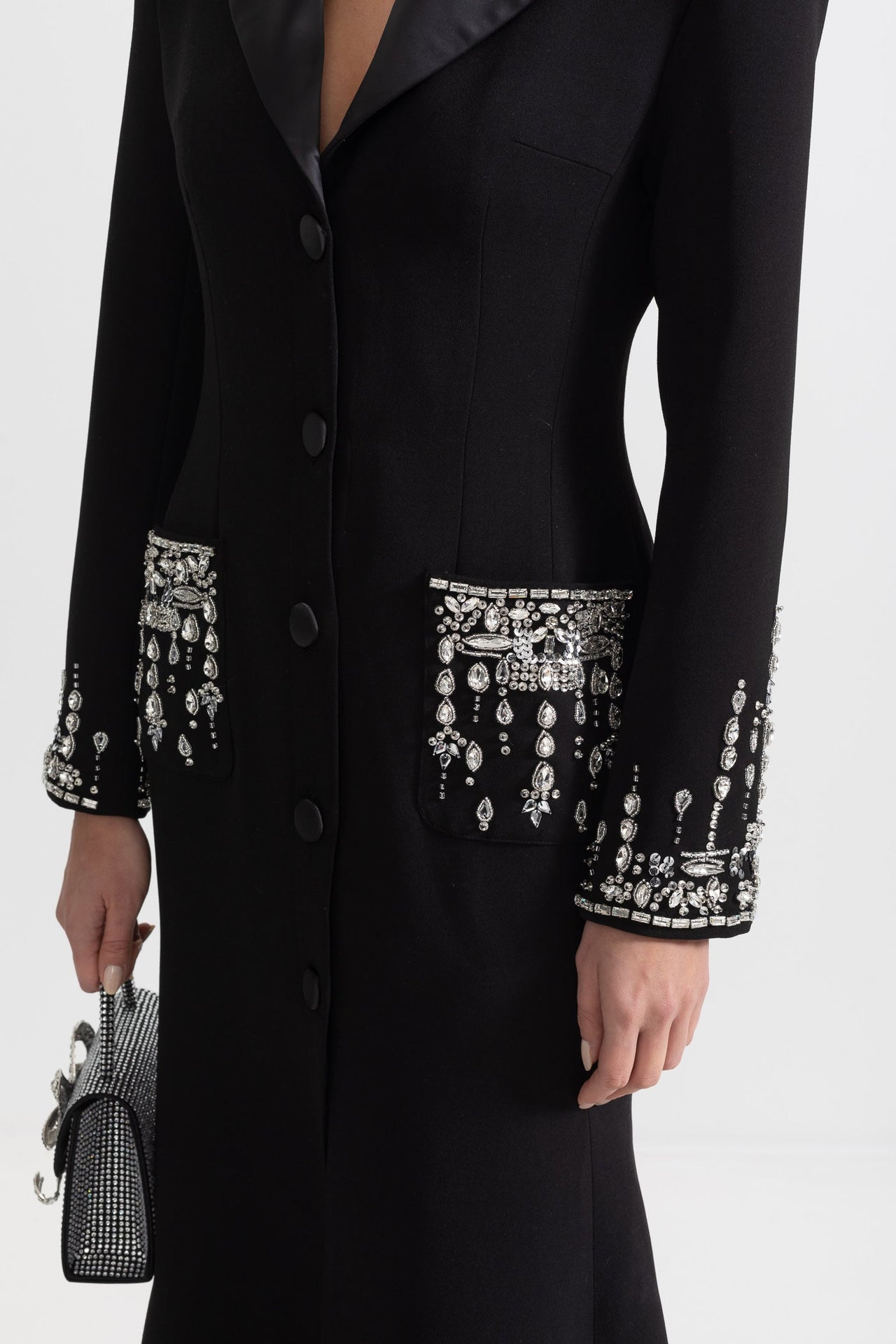 Long Silhouette Dress With Lapels & Crystal Detailing