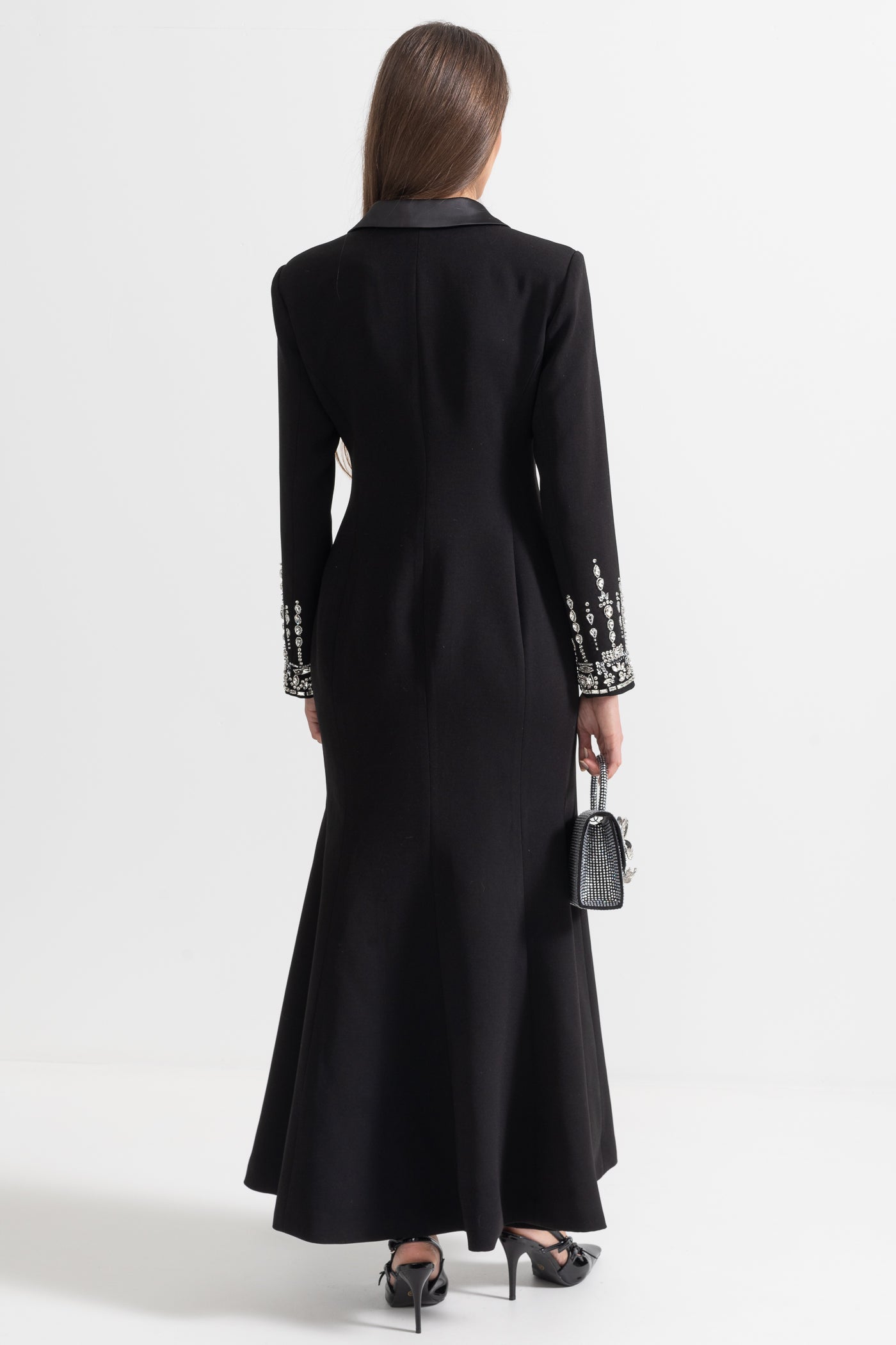 Long Silhouette Dress With Lapels & Crystal Detailing