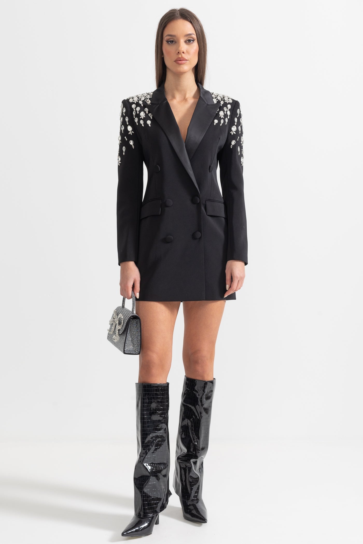 Elegant Blazer With Diamond Embellished Shoulders - Black